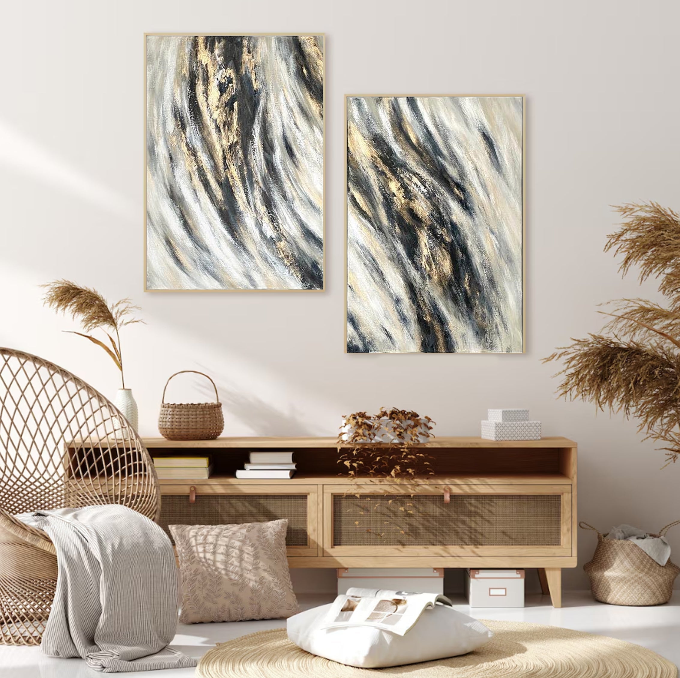 مجموعة فنية جدارية حديثة باللونين الأسود والرمادي، طقم من قطعتين #ABS002