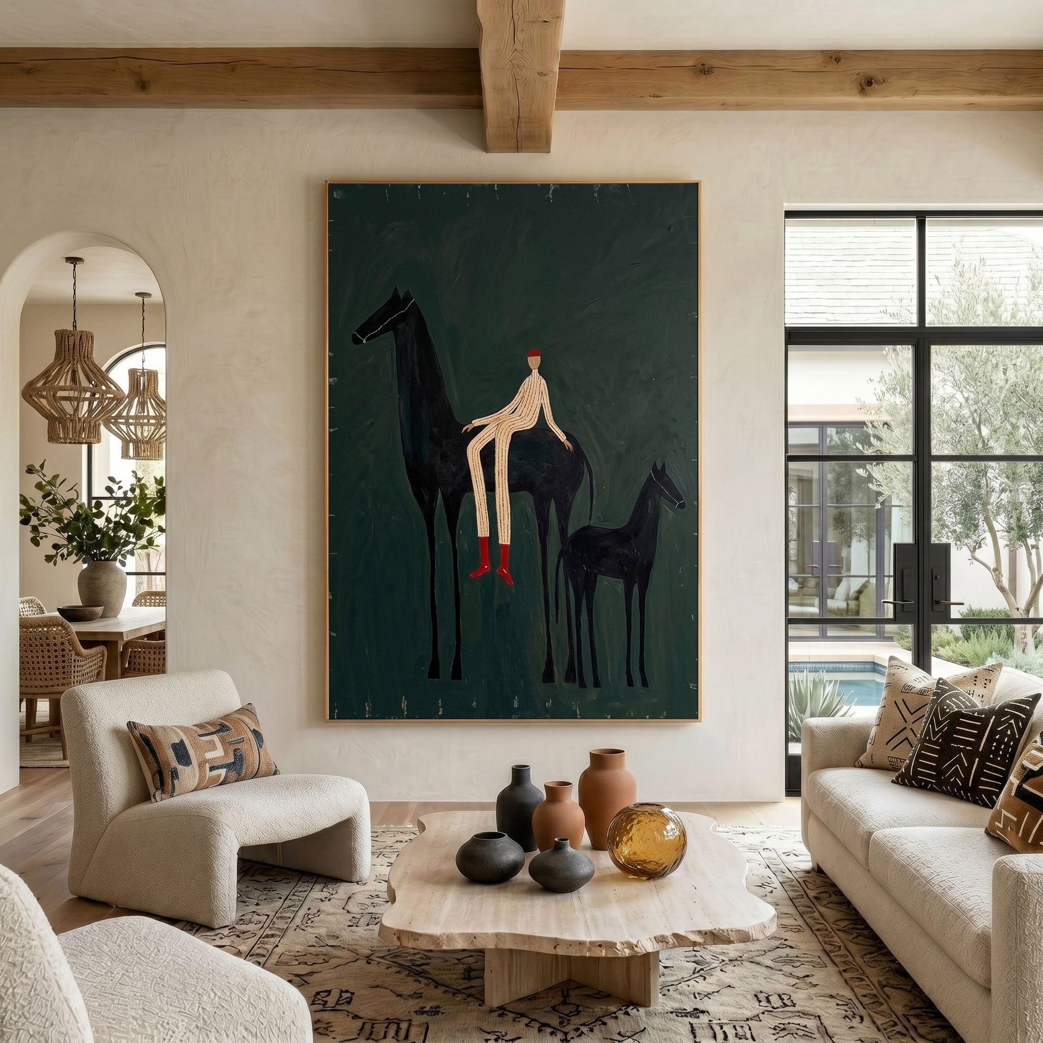 Large Cowboy Horse Wall Art Green Western Equestrian Painting