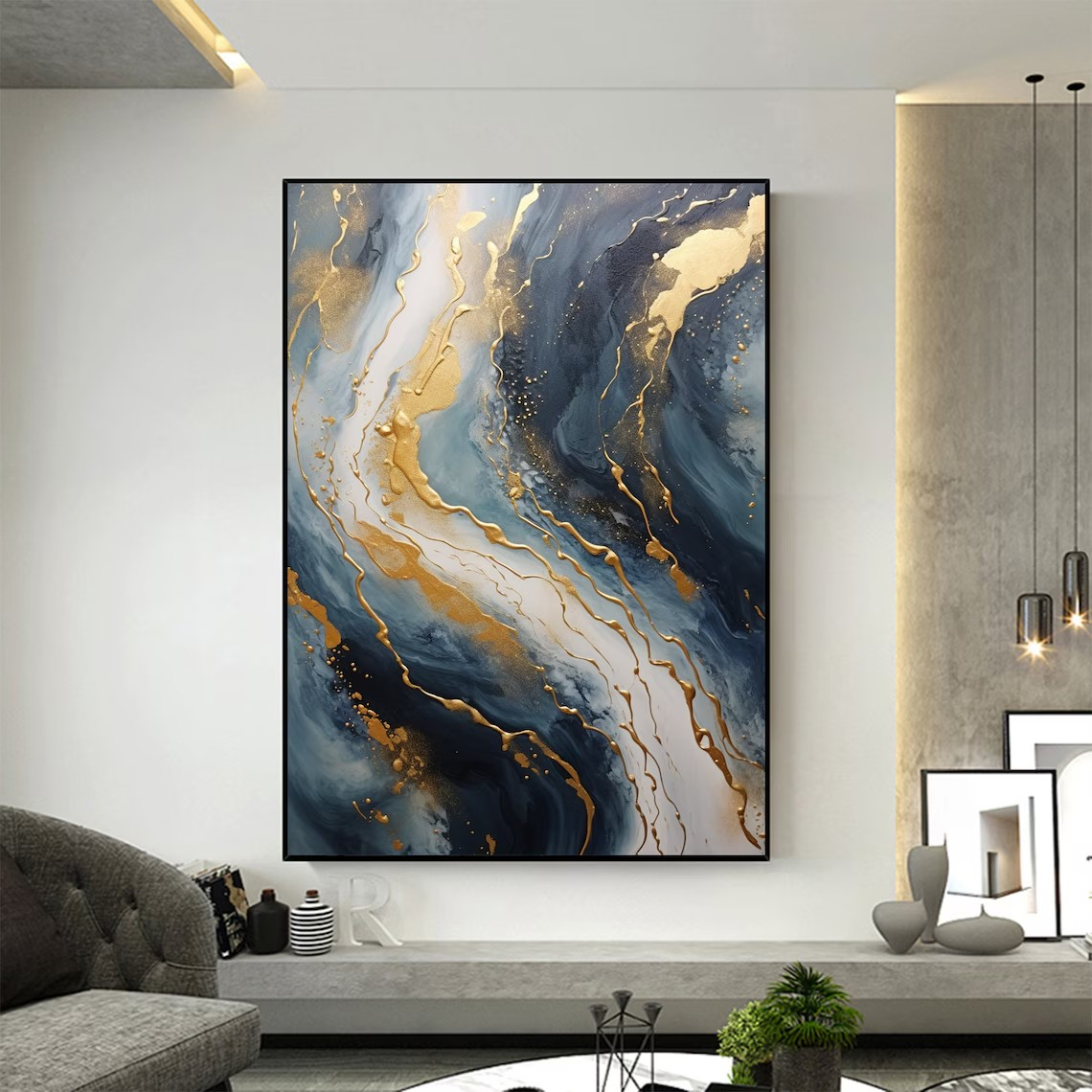 Dynamic Gold Foil Luxury Wall Art with Abstract Marble Texture #MM434