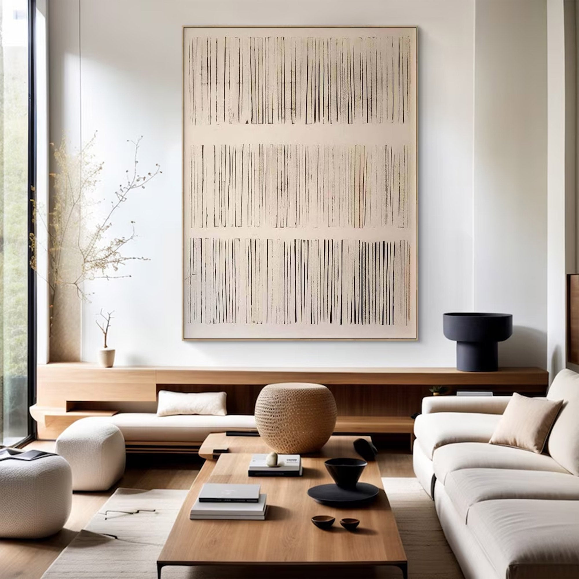 Large Abstract Beige Black Line |KelorArt #AG 106