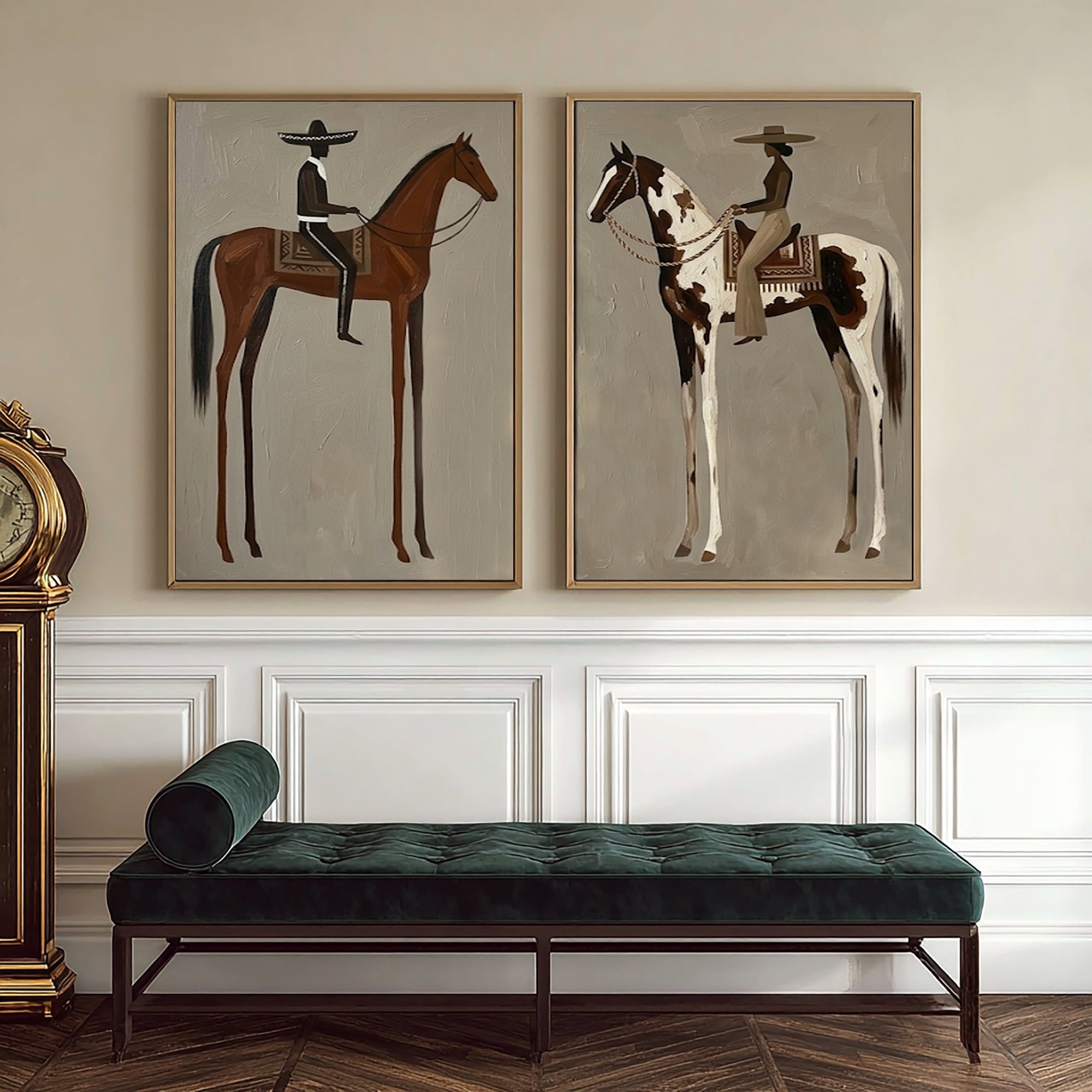 Large Minimalist Cowboy Horse Wall Art Contemporary Western Canvas Diptych