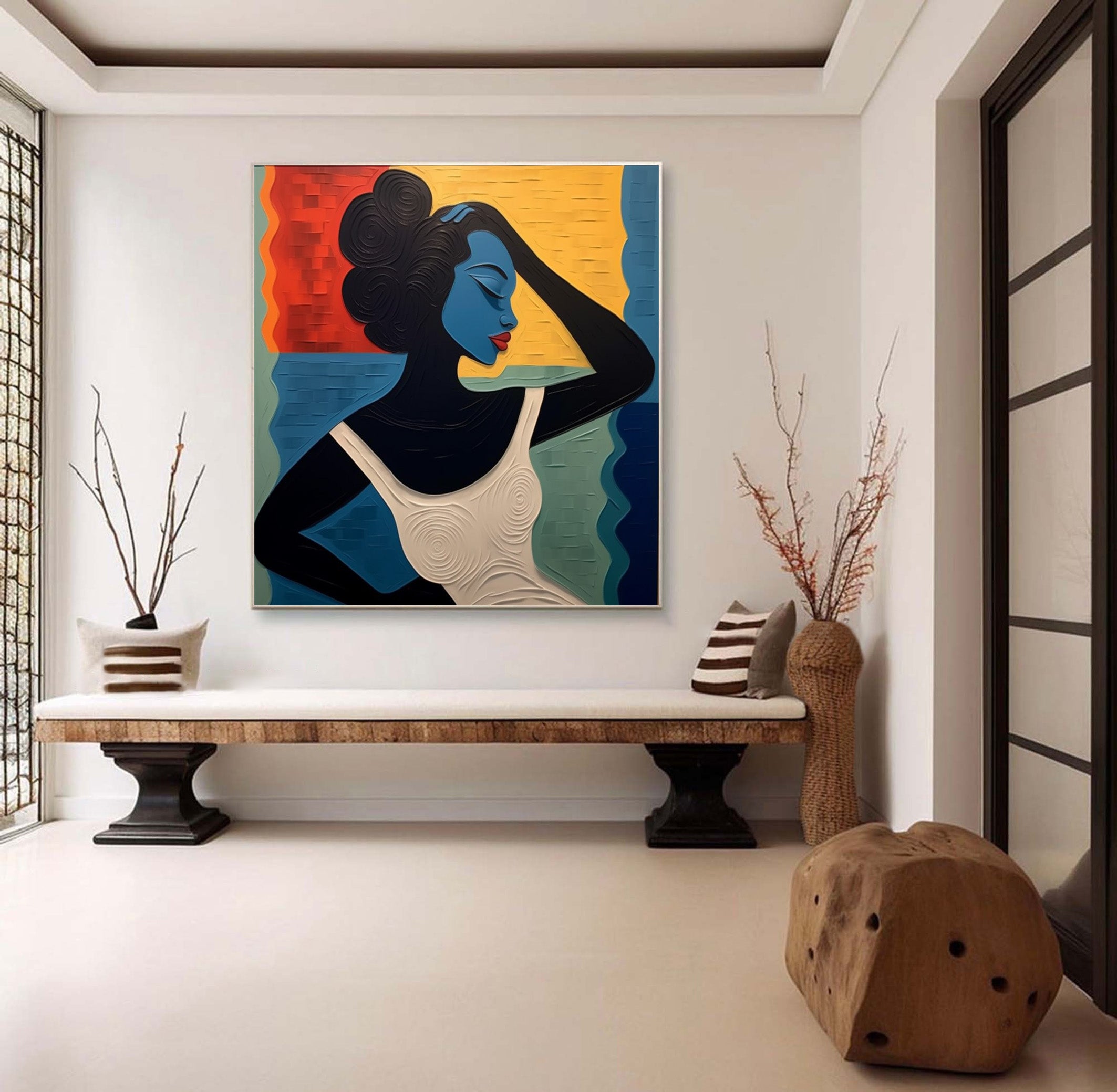 Textured Reverie: Stylized Figure Against Abstract Color Waves #MM519