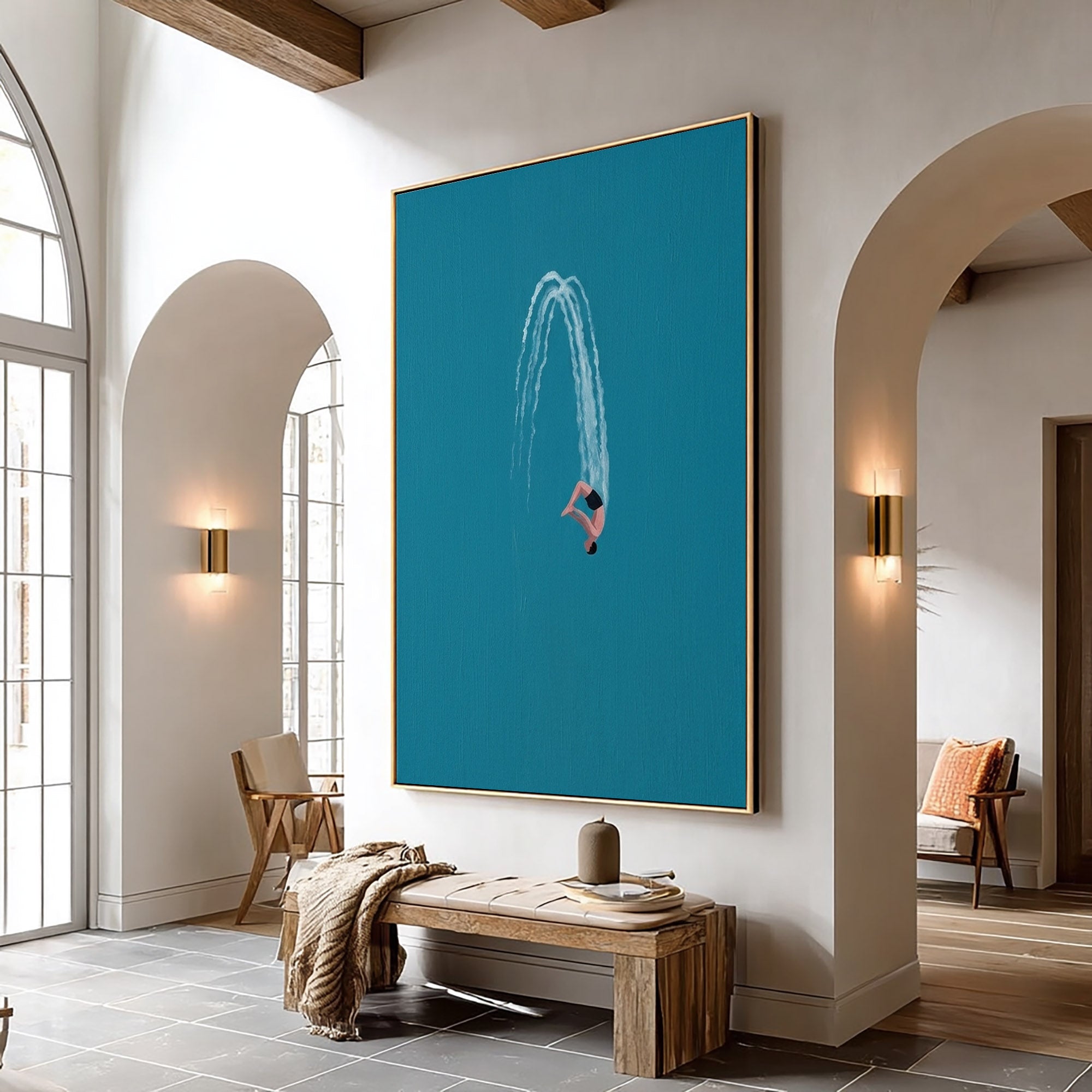 Large Minimalist Diver Wall Art Modern Swimming Oil Painting Coastal Decor