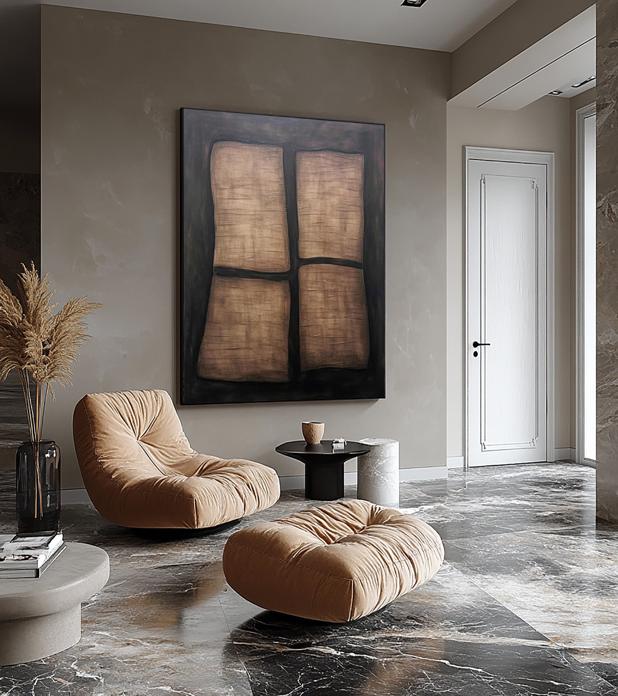 Earth Tone Abstraction With Dark Background, Modern Grid Canvas #MM409