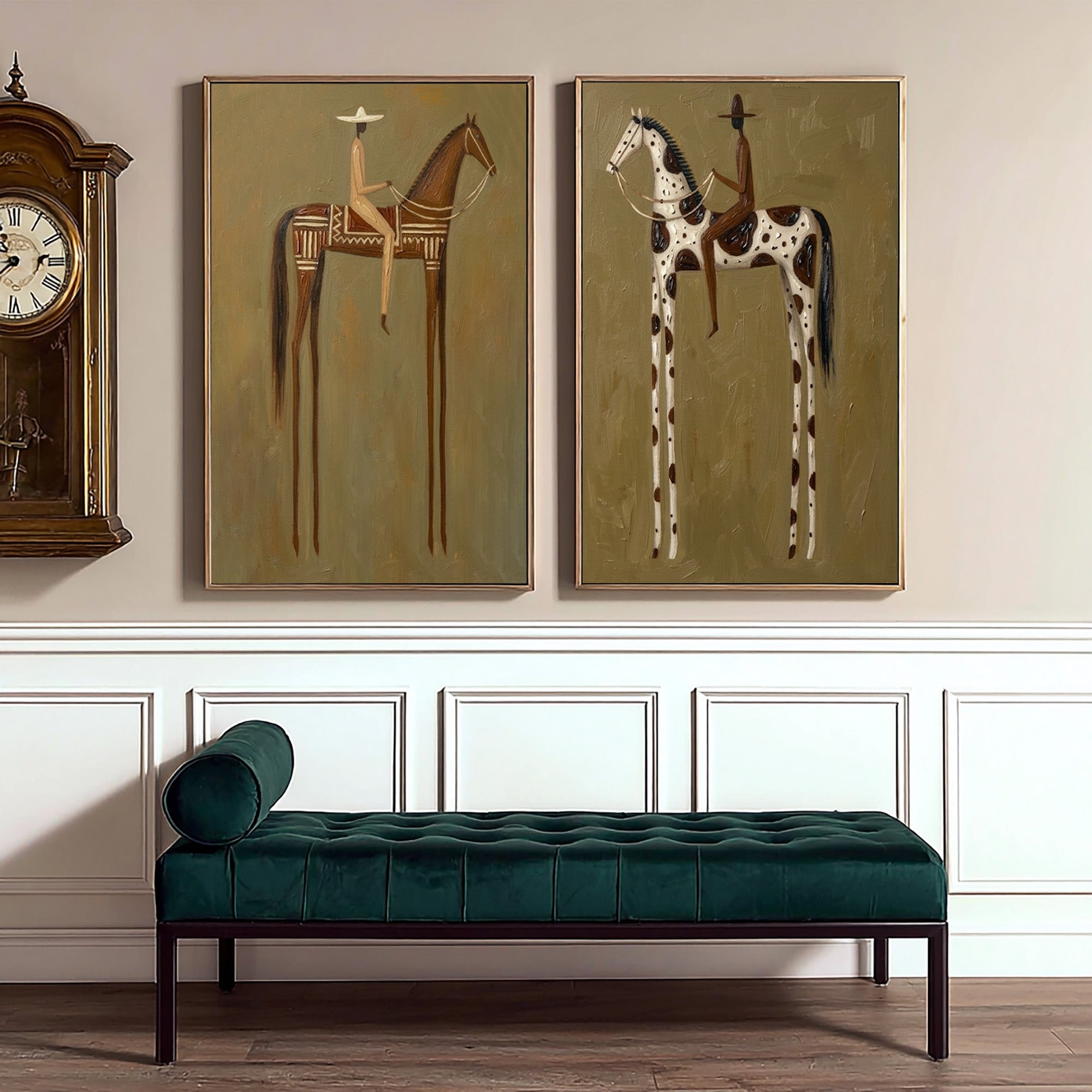 Large Cowboy Horse Wall Art Modern Western Heritage Diptych Canvas