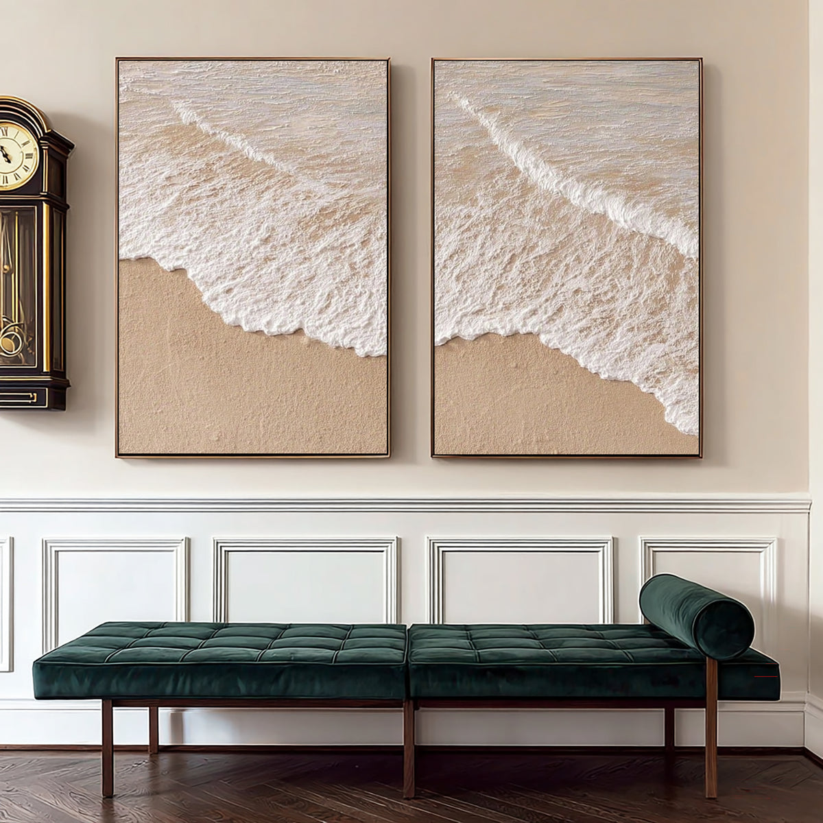 Large Textured Ocean Waves Diptych Wall Art Beige White Coastal Seascape 3D Oil Painting Minimalist Two Piece Canvas Modern Home Decor