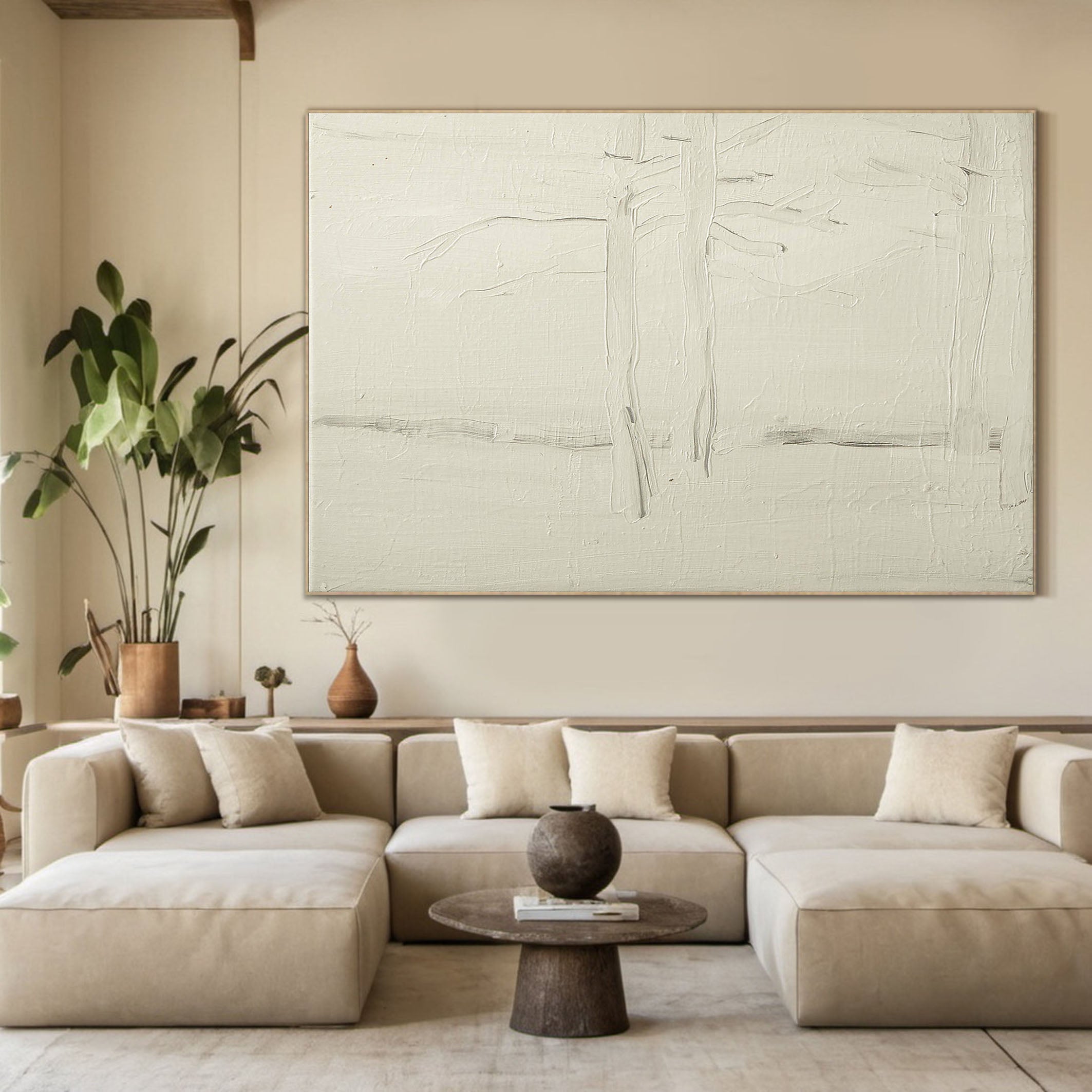 White Textured Minimalist with Linear Forms, Impasto Canvas #MM368