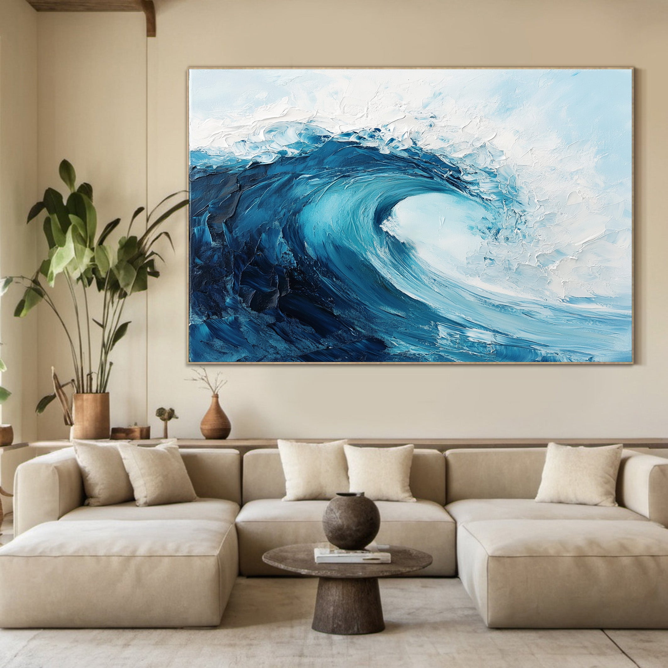Azure Fury: Impasto Ocean Wave Painting, Energetic Seascape #MM510