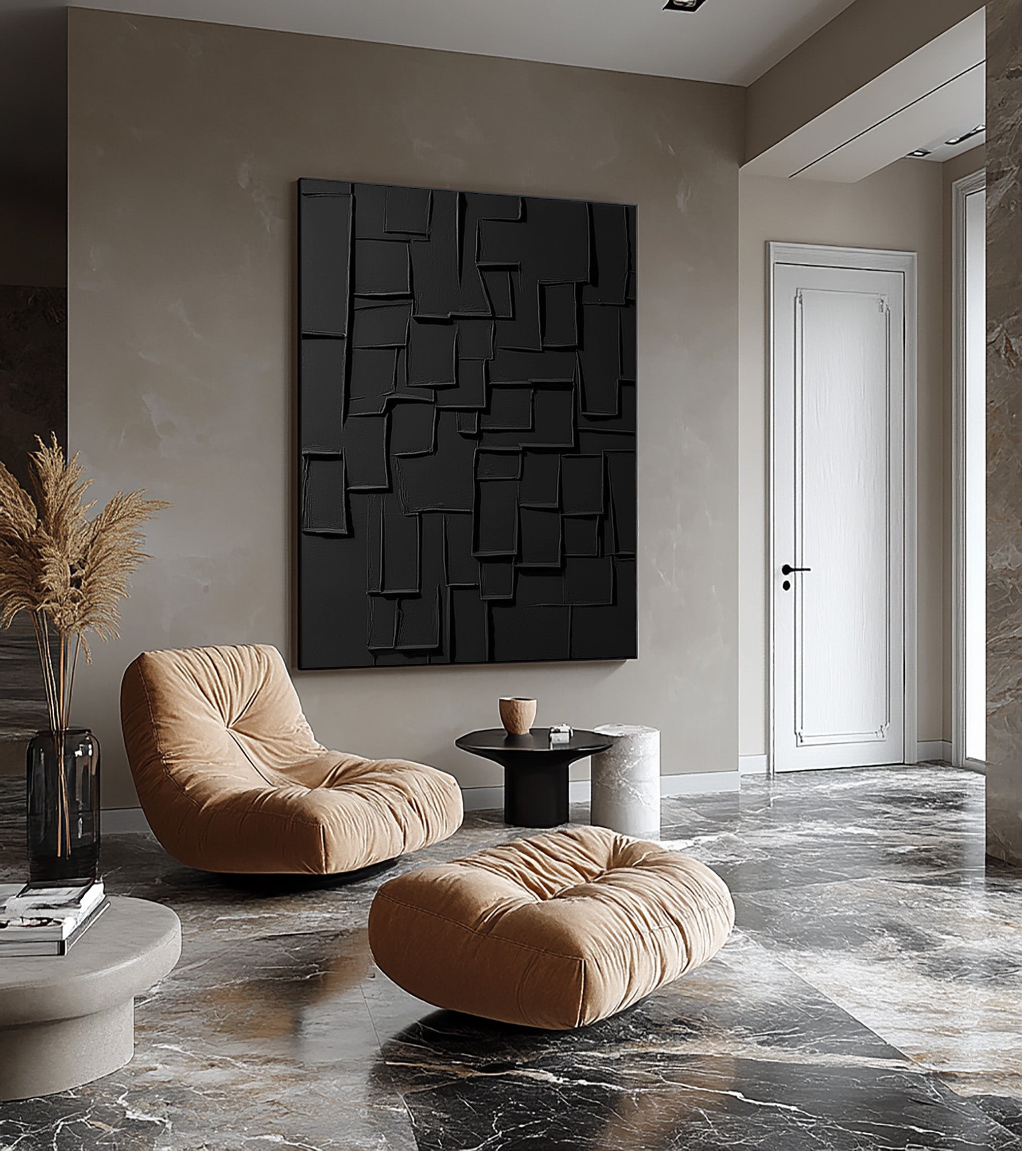 Sculptural Black Abstraction With Sunken Rectangles, Modern Art #MM412