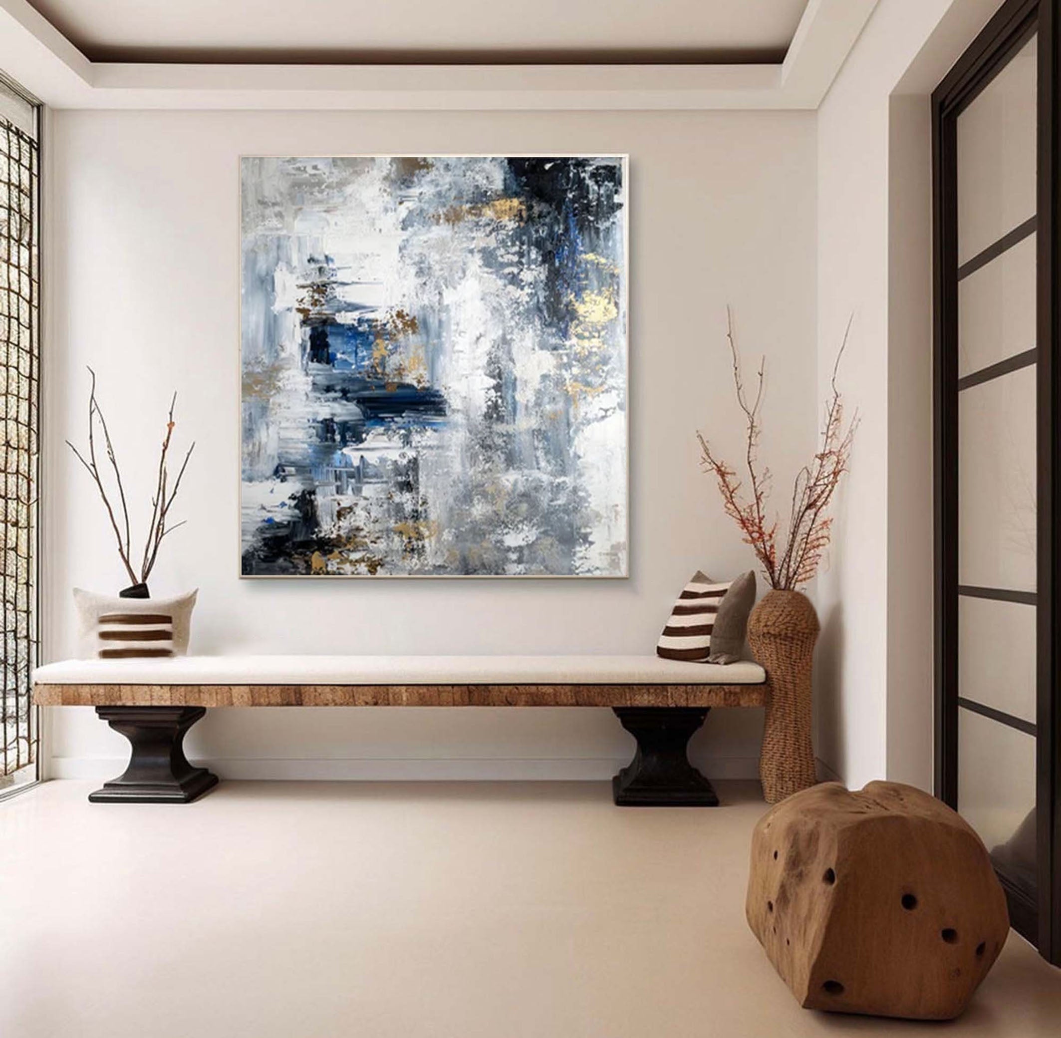 Modern Abstract Canvas with Blue and White Tones #AB068