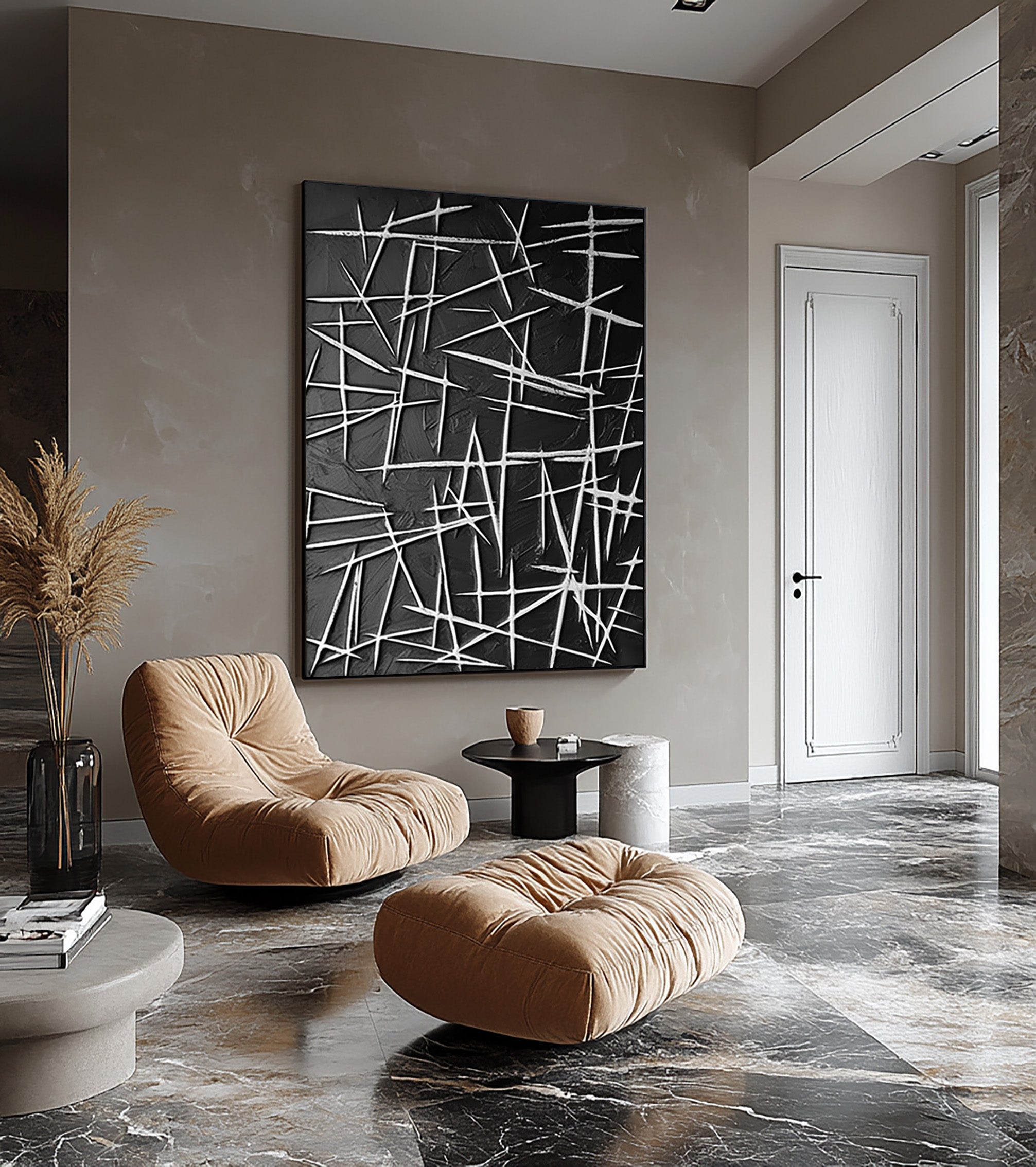 Framed White Line Contrast, Dark Textured Play, Modern Wall Art #MM413