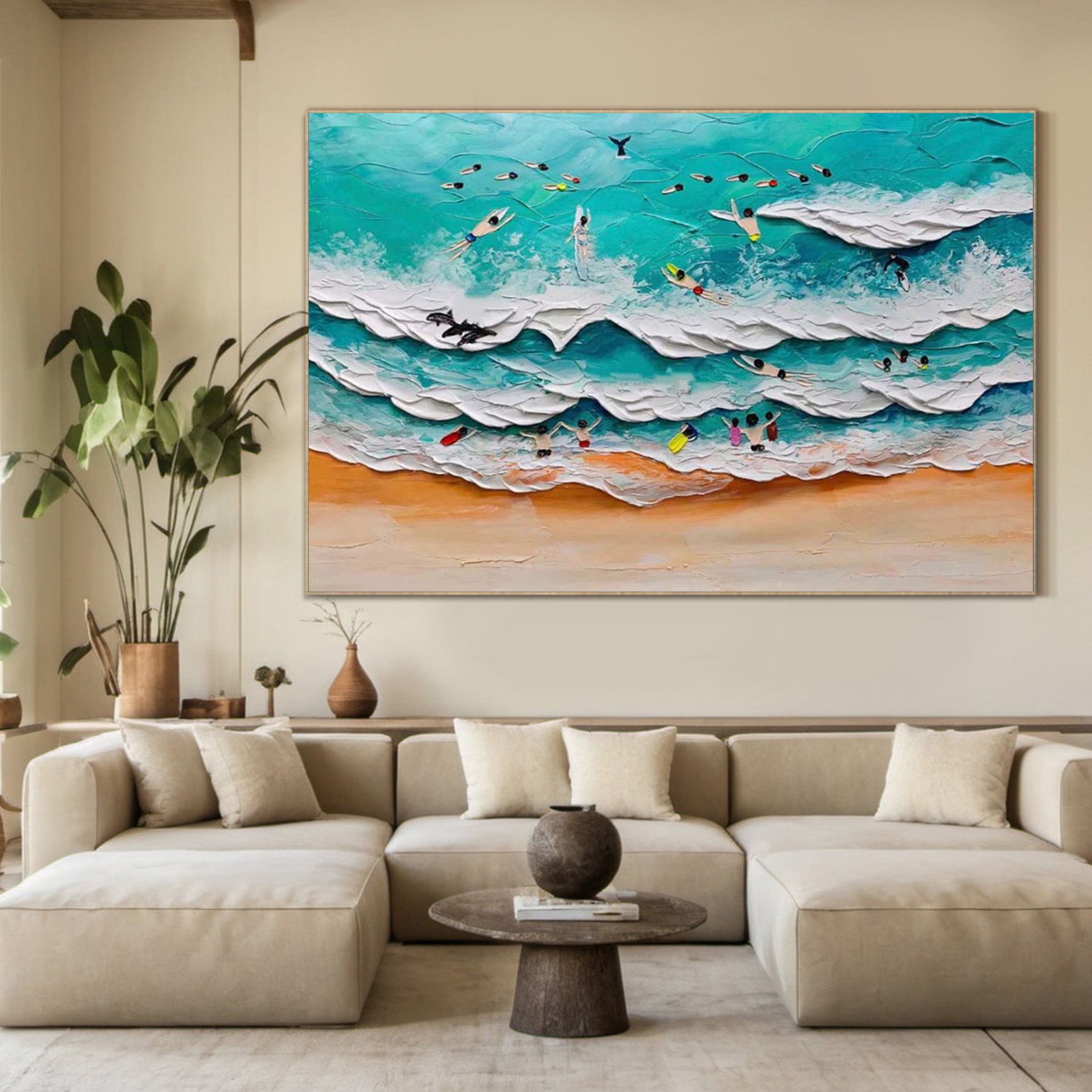 Coastal Thrills: Vibrant Textured Surfer Wall Painting #MM515