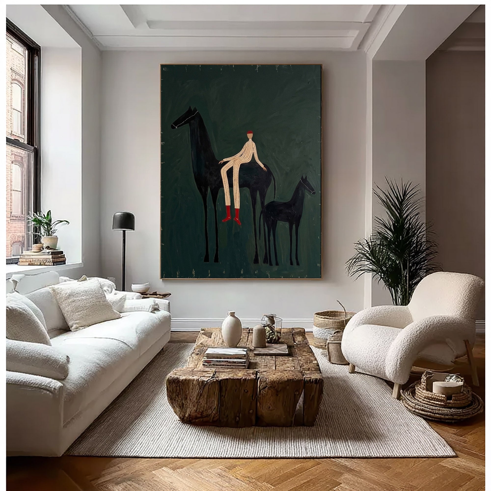Large Cowboy Horse Wall Art Green Western Equestrian Painting