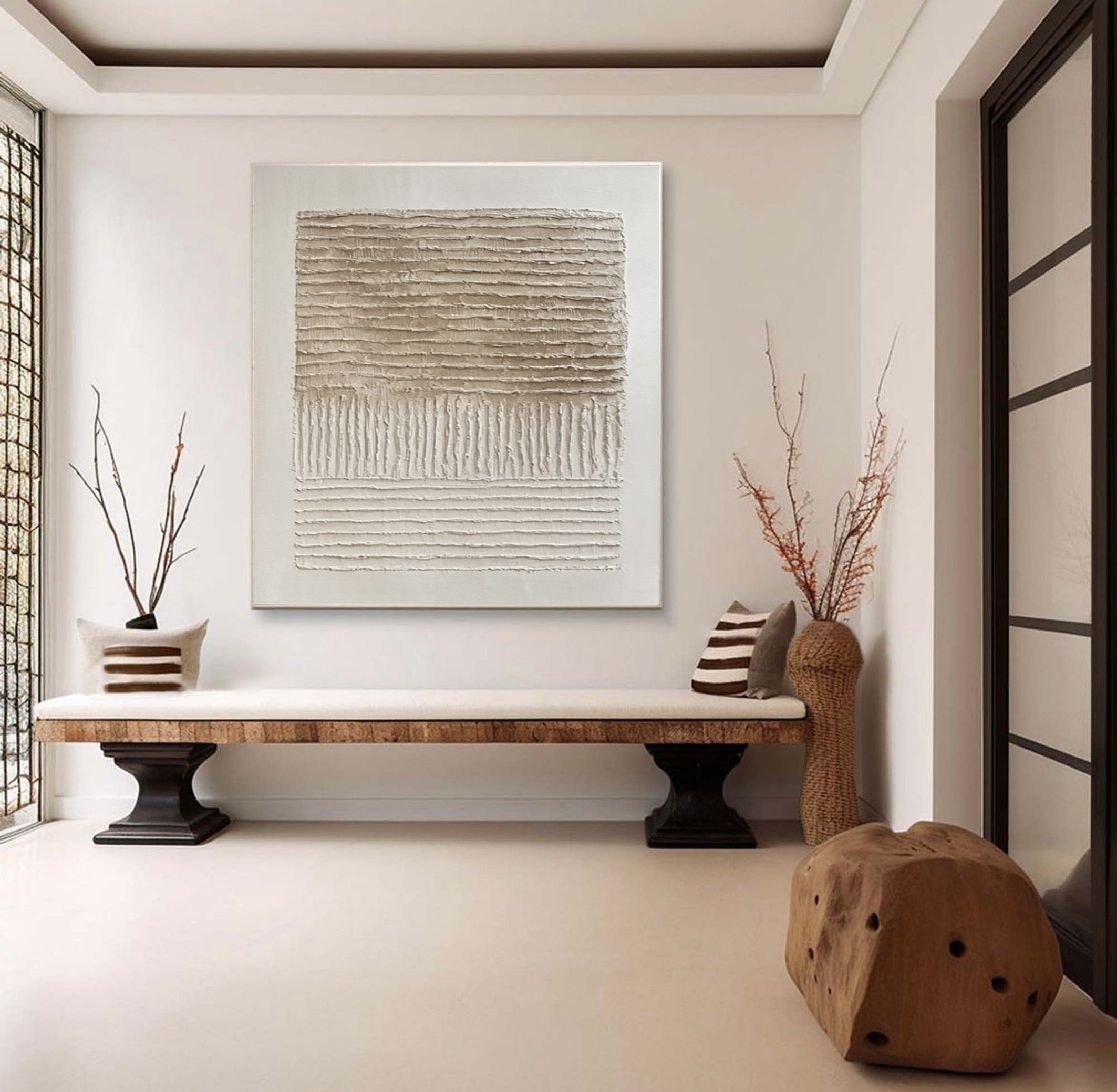 Abstract Neutral Art with Impasto Layers and Vertical Core #MM561
