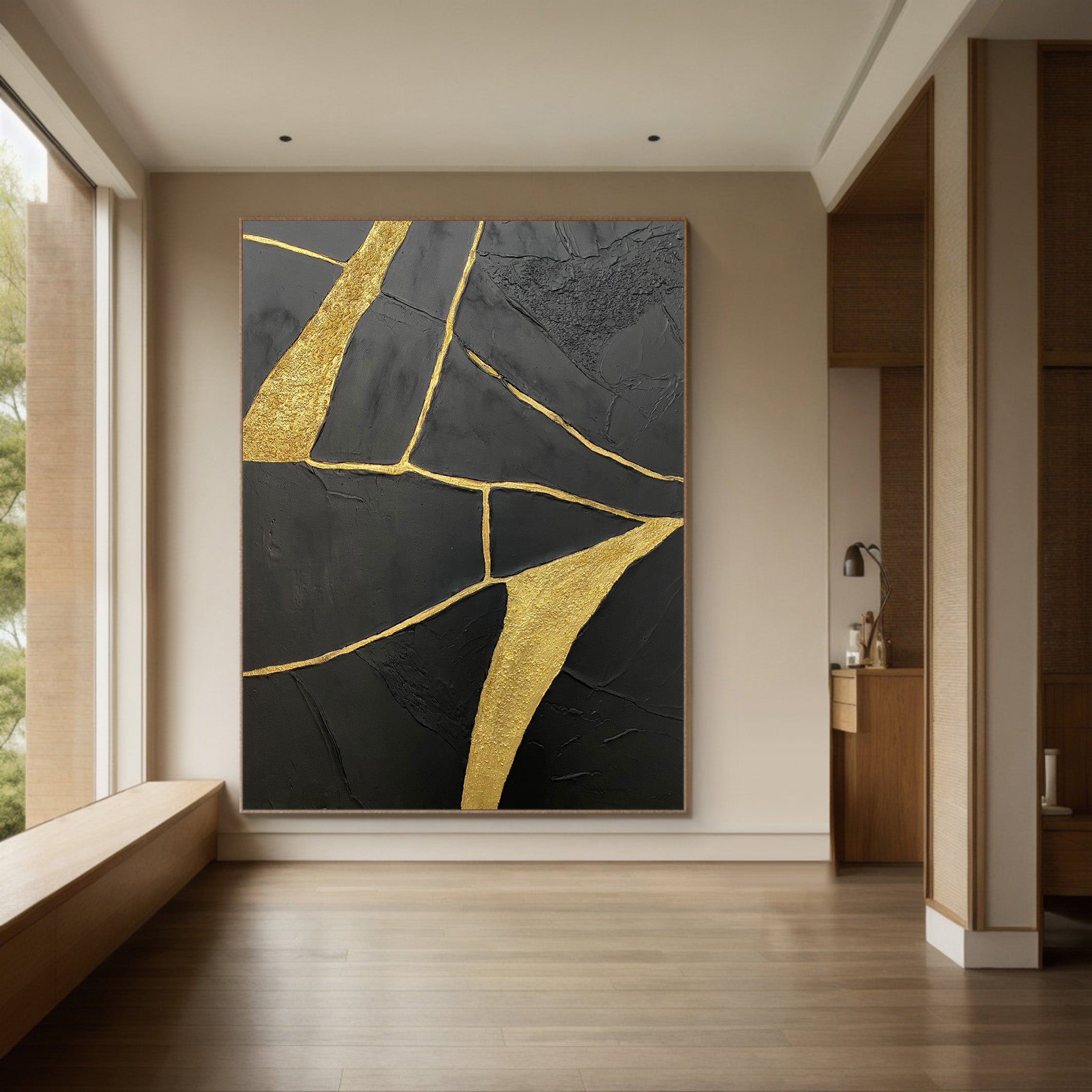 Gilded Fracture:Textured Black Abstract with Flowing Gold Lines #MM544