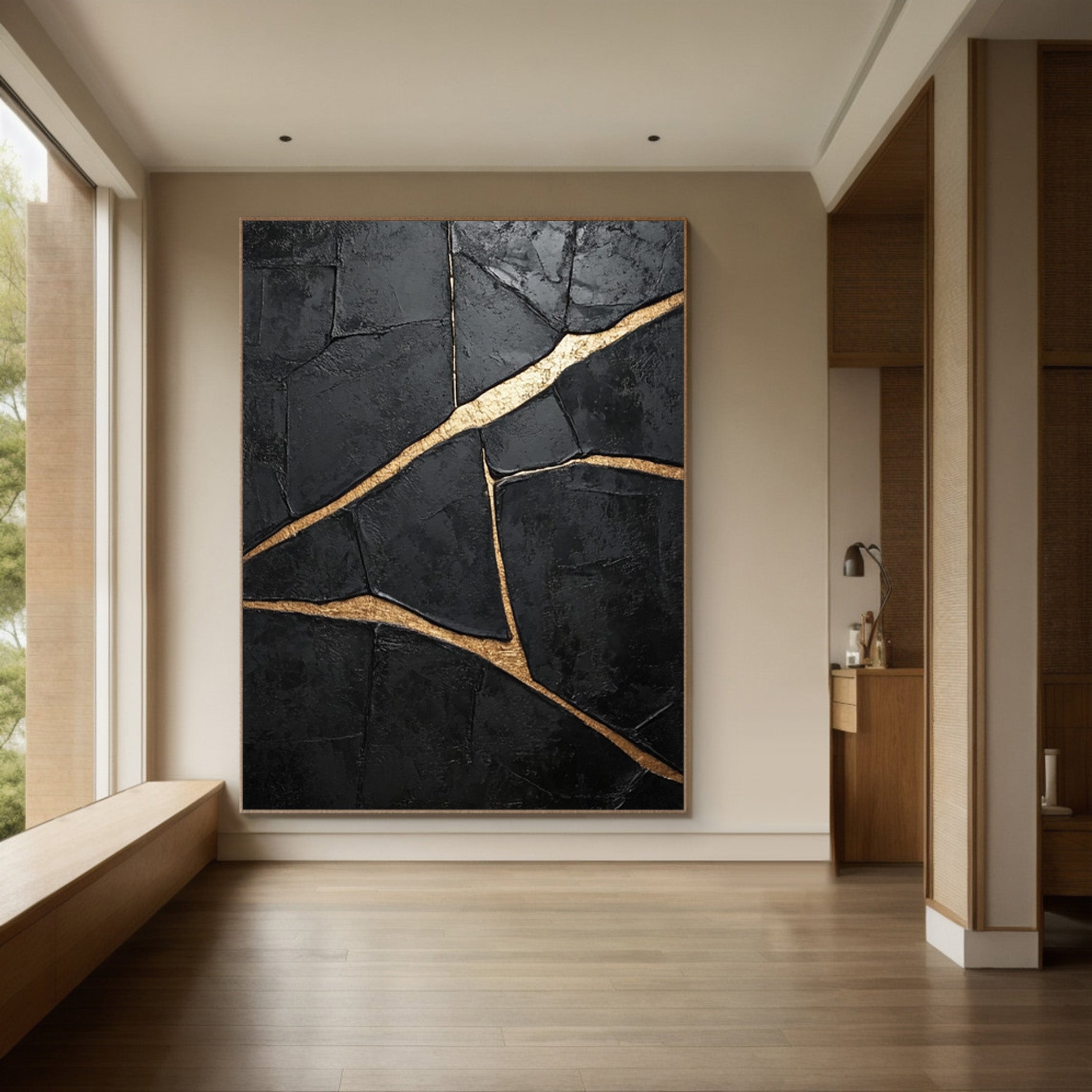 Molten Night: Textured Black Canvas with Flowing Bold Gold #MM546