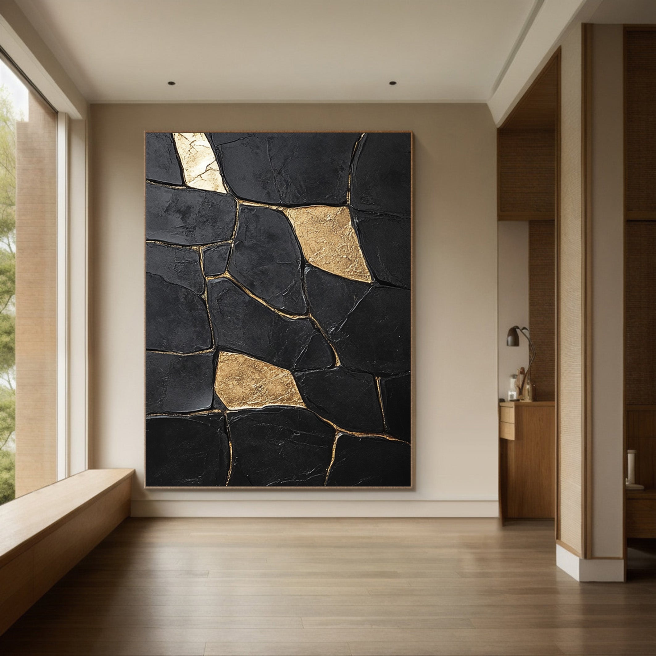 Shadow Mosaic: Large Modern Abstract with Textured Gold Shapes #MM552
