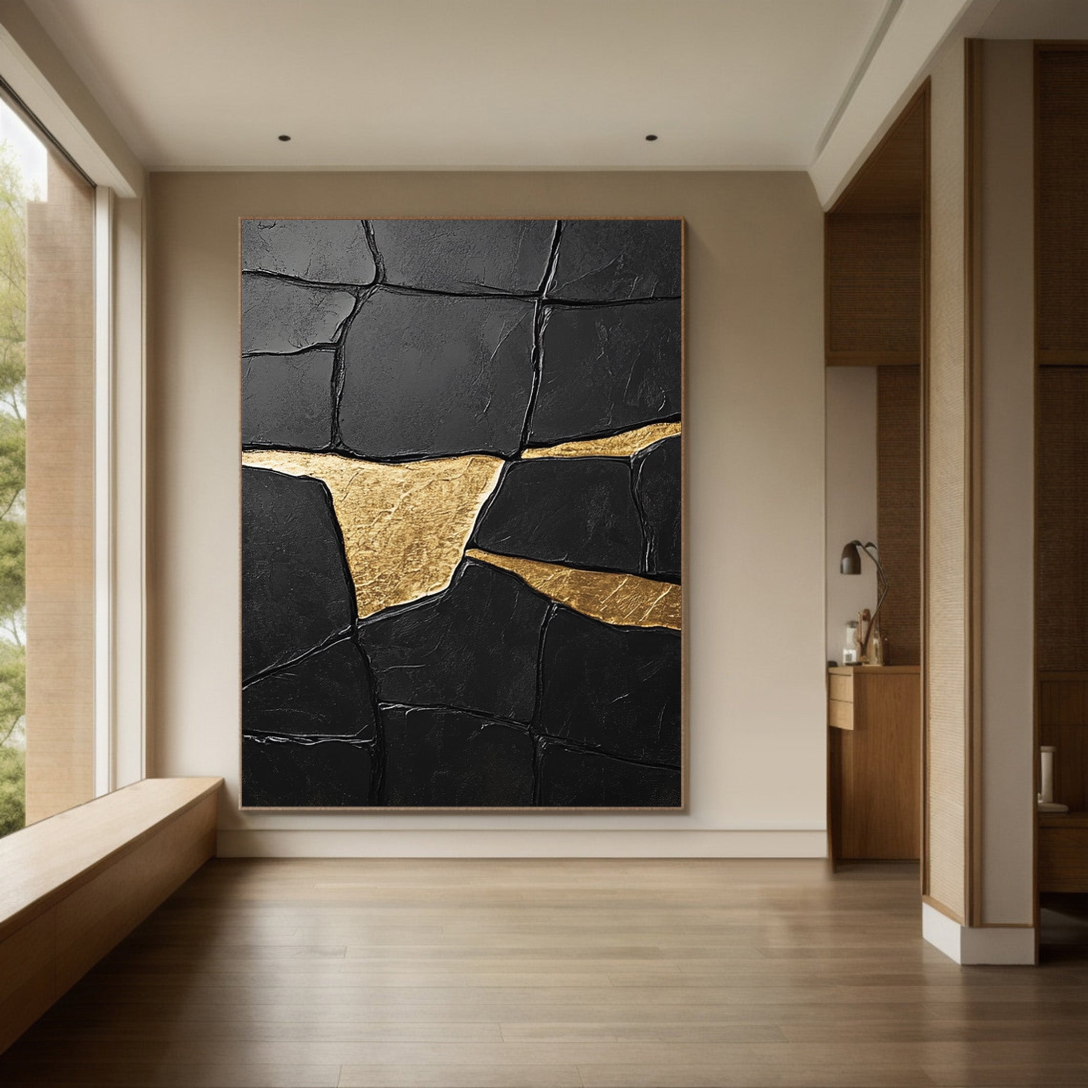 Noir Fragment: Heavily Textured Black Canvas with Gold Accents #MM548