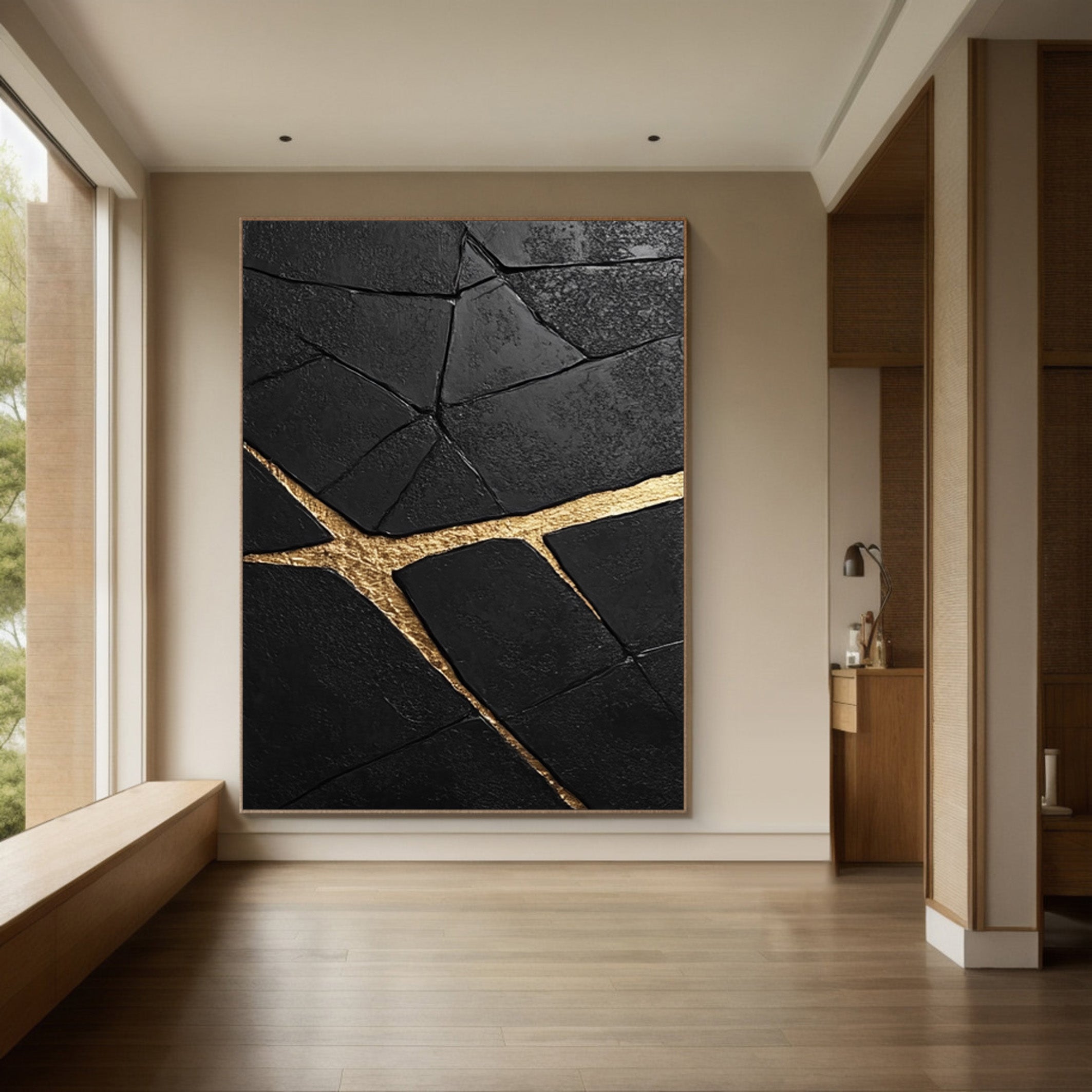Gilded Cleft: Textured Black Abstract with Bold Gold Fissures #MM545