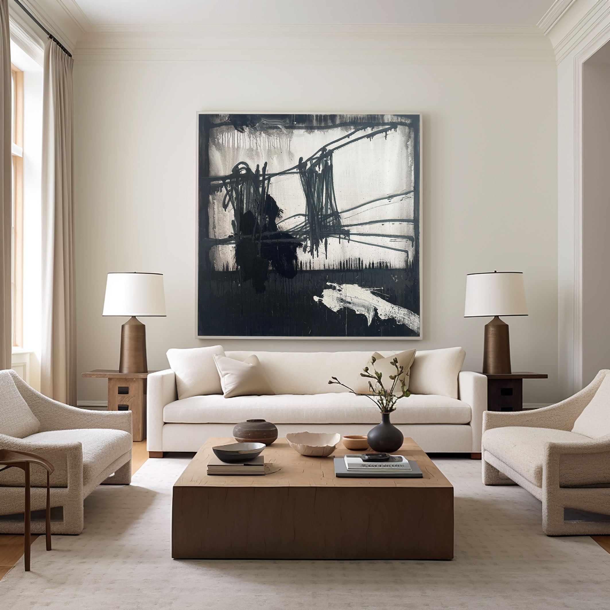 لوحة فنية تجريدية سوداء درامية وجريئة على قماش حديث #MM075