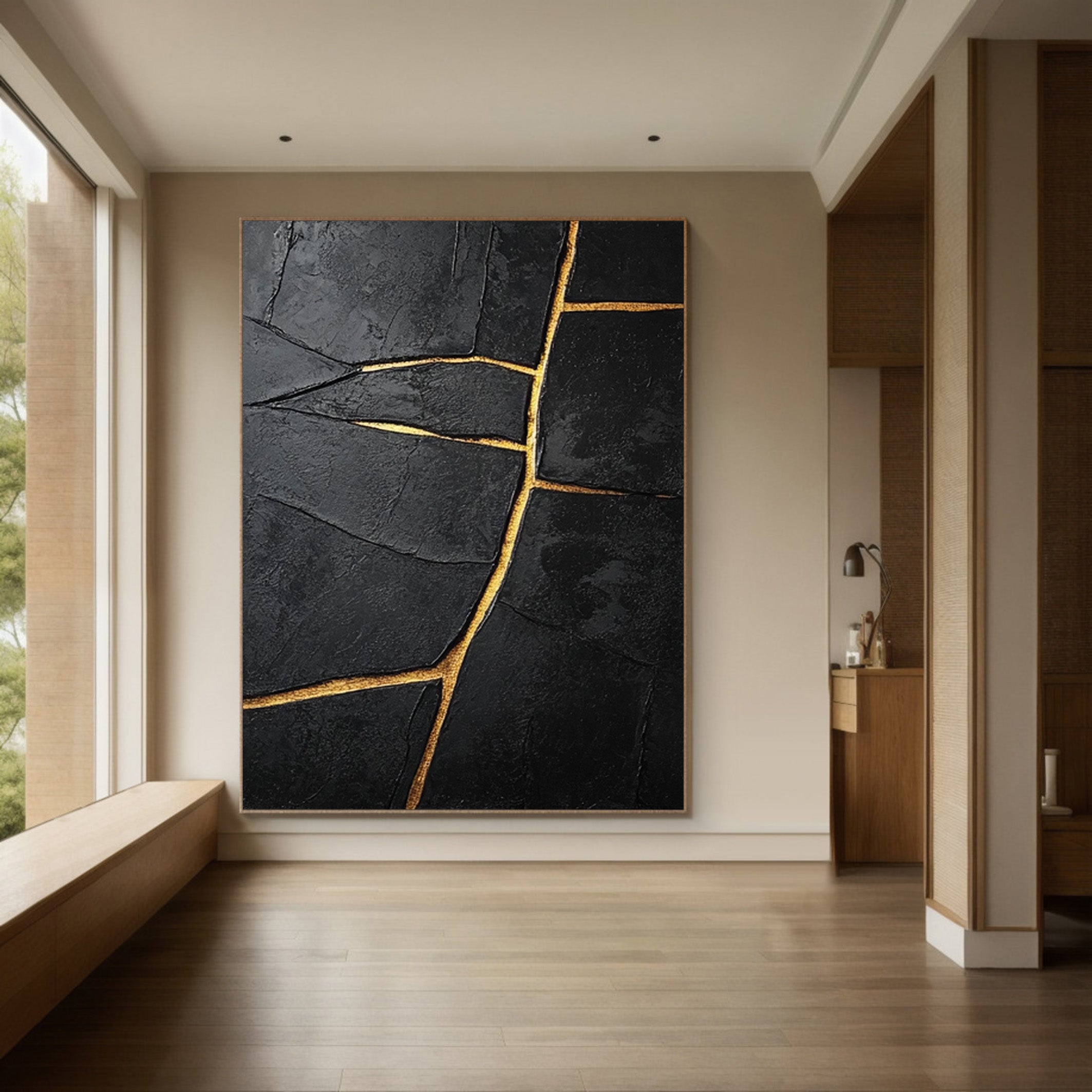 Gilded Divide:Textured Black Abstract with Linear Gold Inlays #MM550