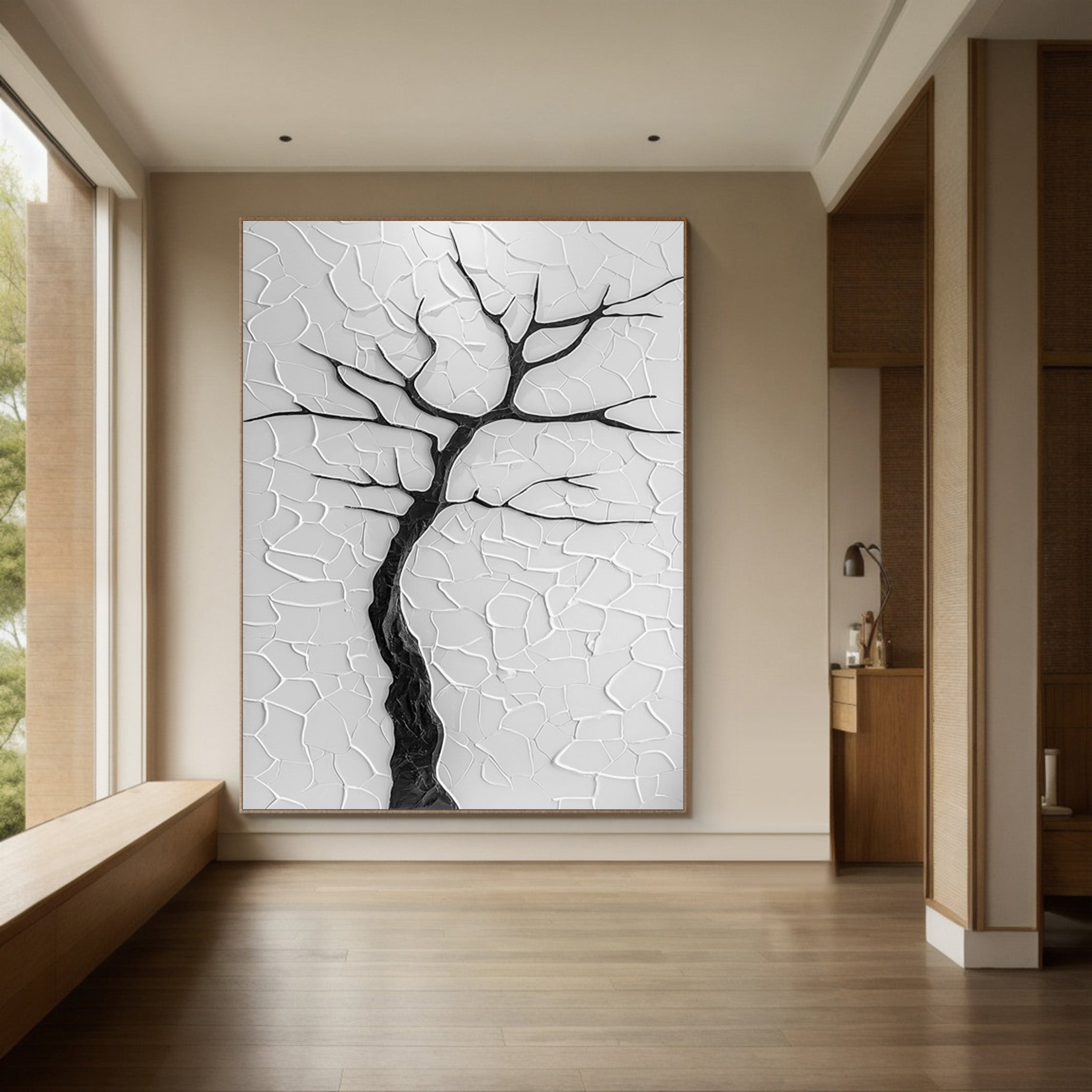 Winter's Embrace: Minimalist Black Tree on Textured White #MM567