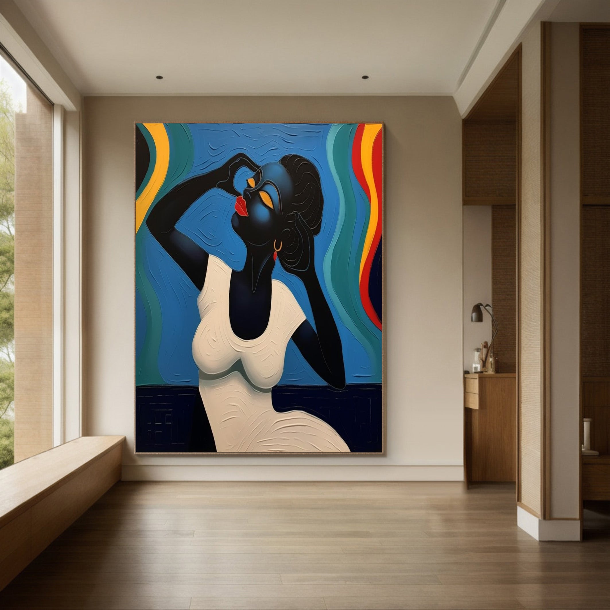 Stylized Figure Against Textured Color Swirls, Elegant Portrait #MM536