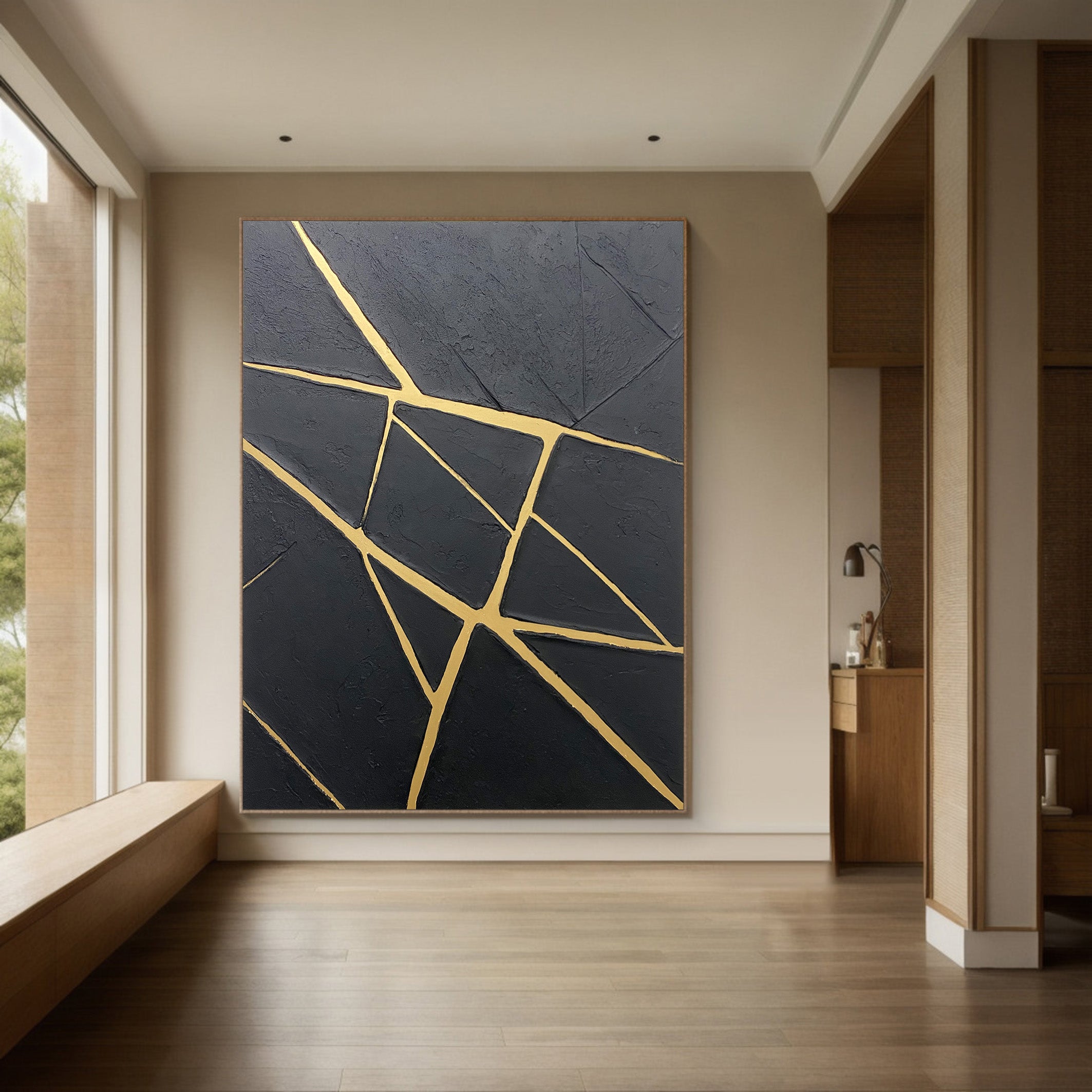 Gilded Fracture:Textured Black Abstract with Angular Gold Lines #MM559