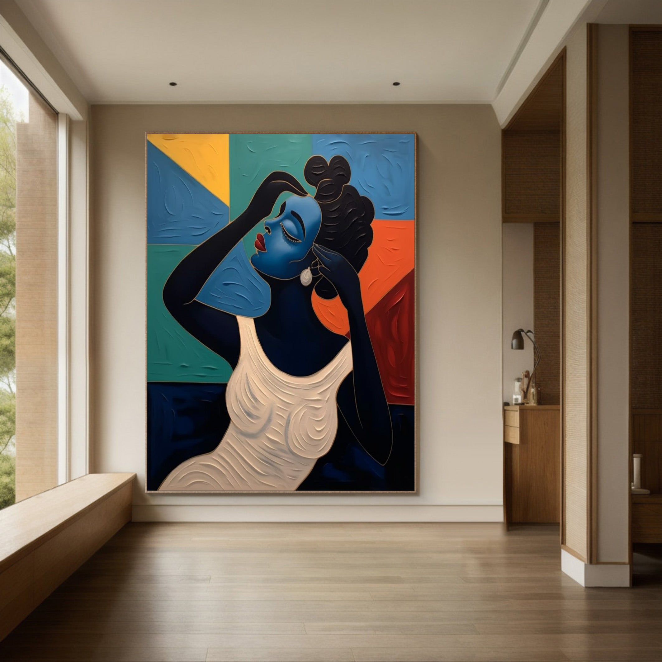 Geometric Grace: Stylized Figure Against Textured Color Shapes #MM534