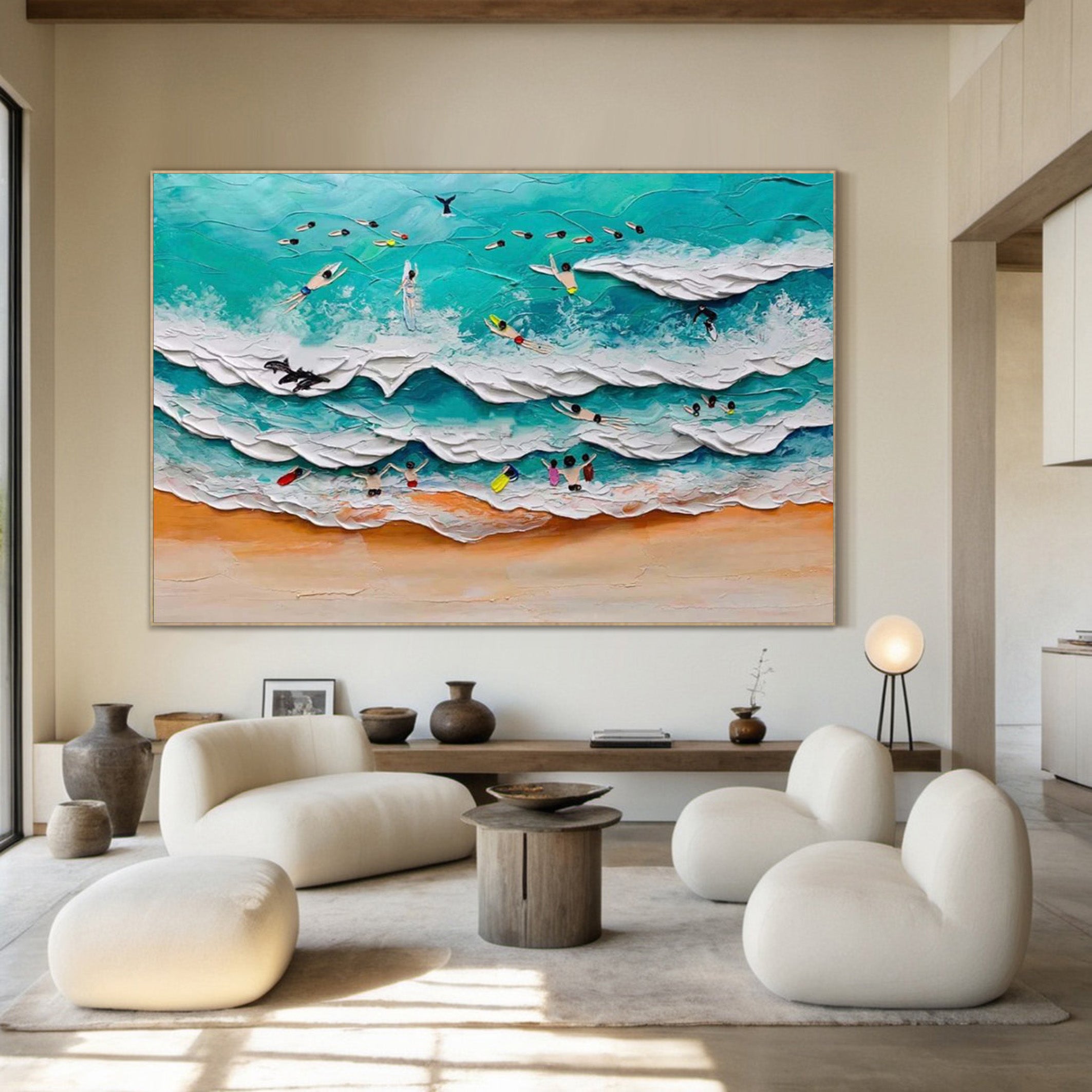 Coastal Thrills: Vibrant Textured Surfer Wall Painting #MM515
