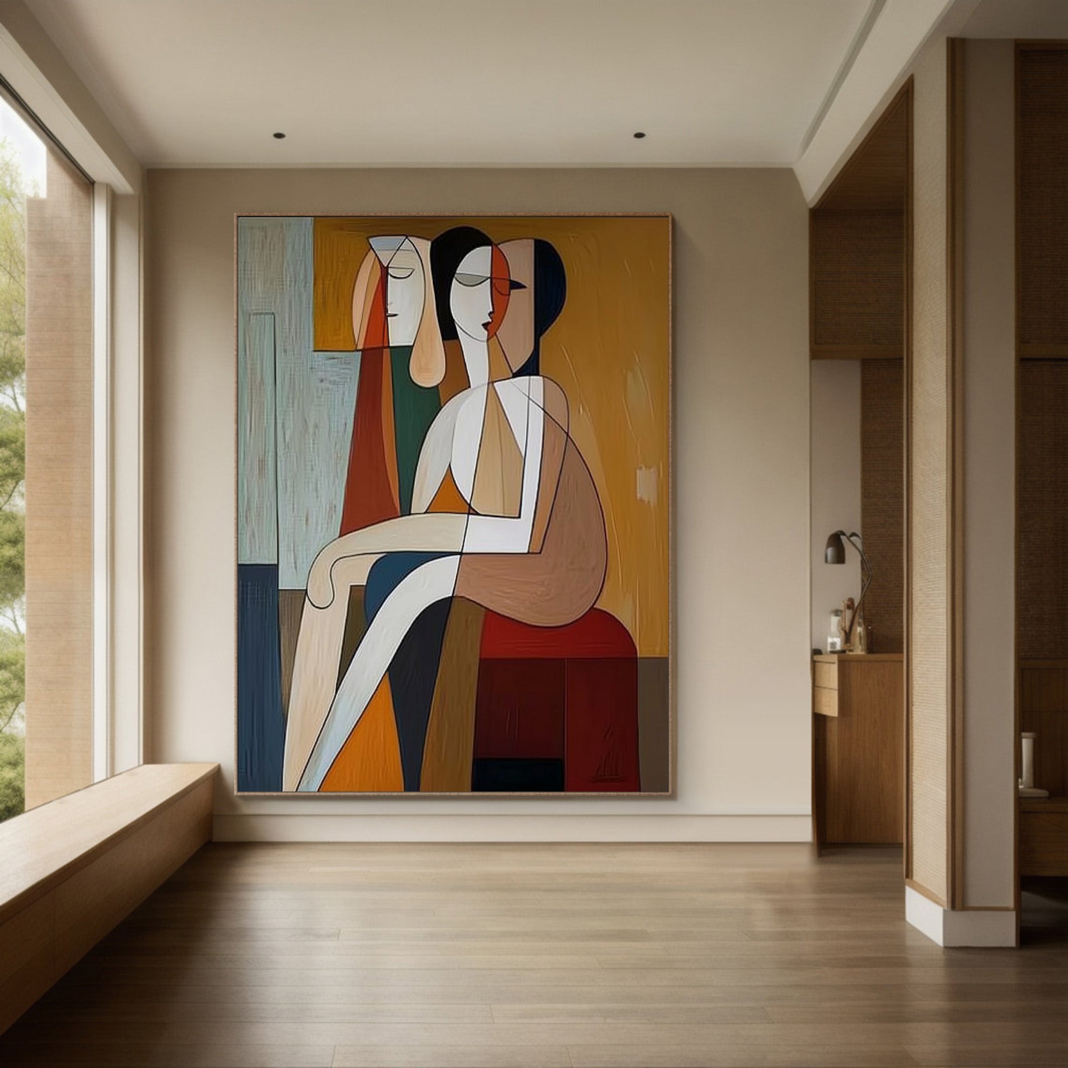 Geometric Encounter: Modern Stylized Figures, Warm Abstract Art #MM540