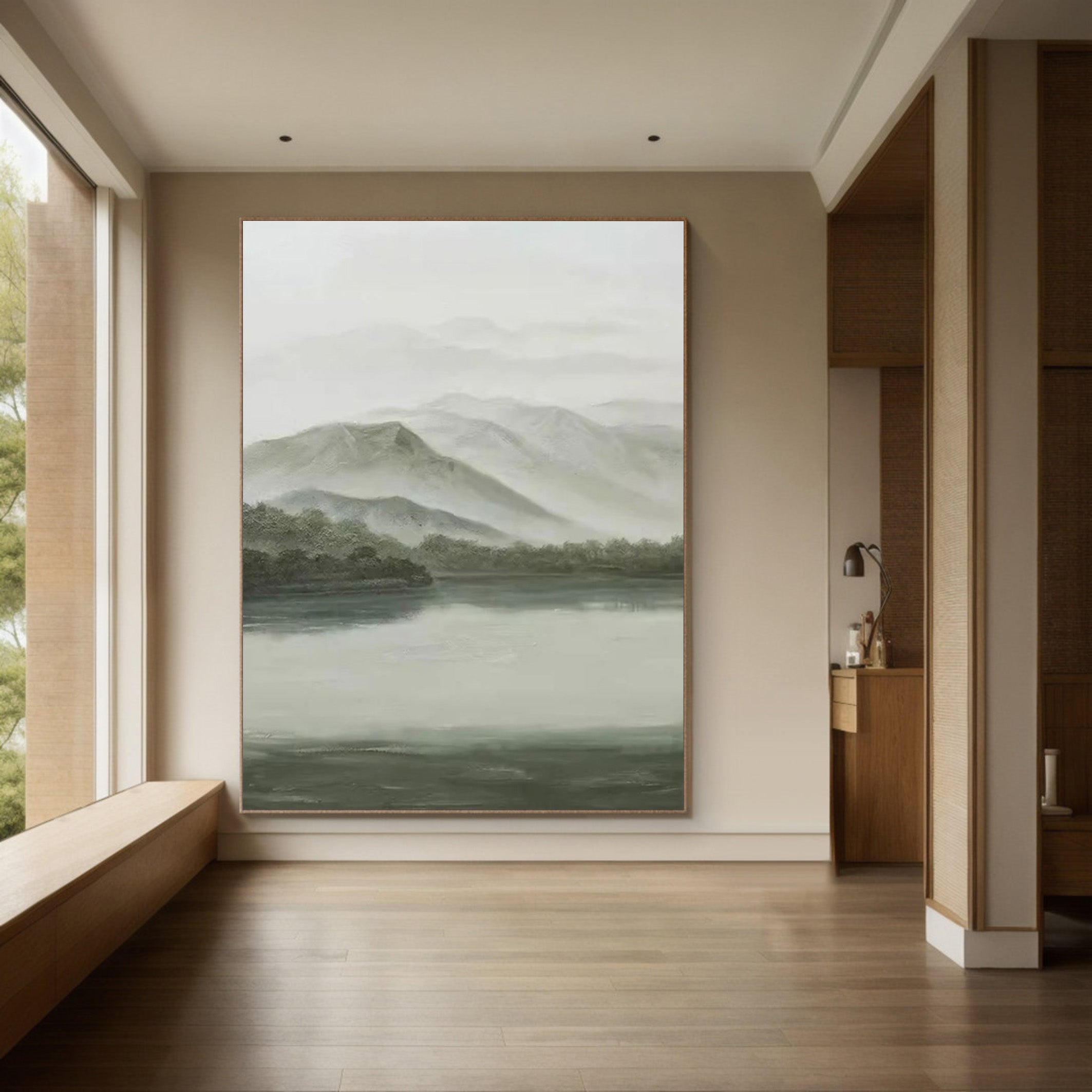 Whispers of Green: Tranquil Landscape with Mist, Peaceful Art #MM535