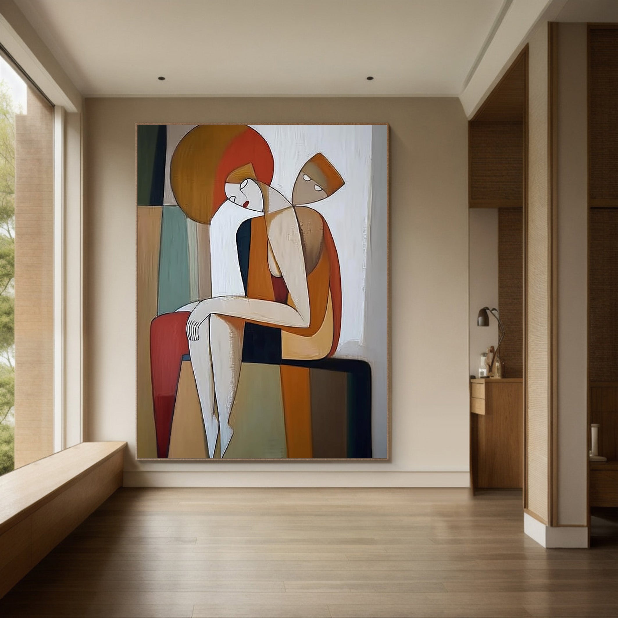 Geometric Embrace: Modern Stylized Figures, Warm Abstract Art #MM538