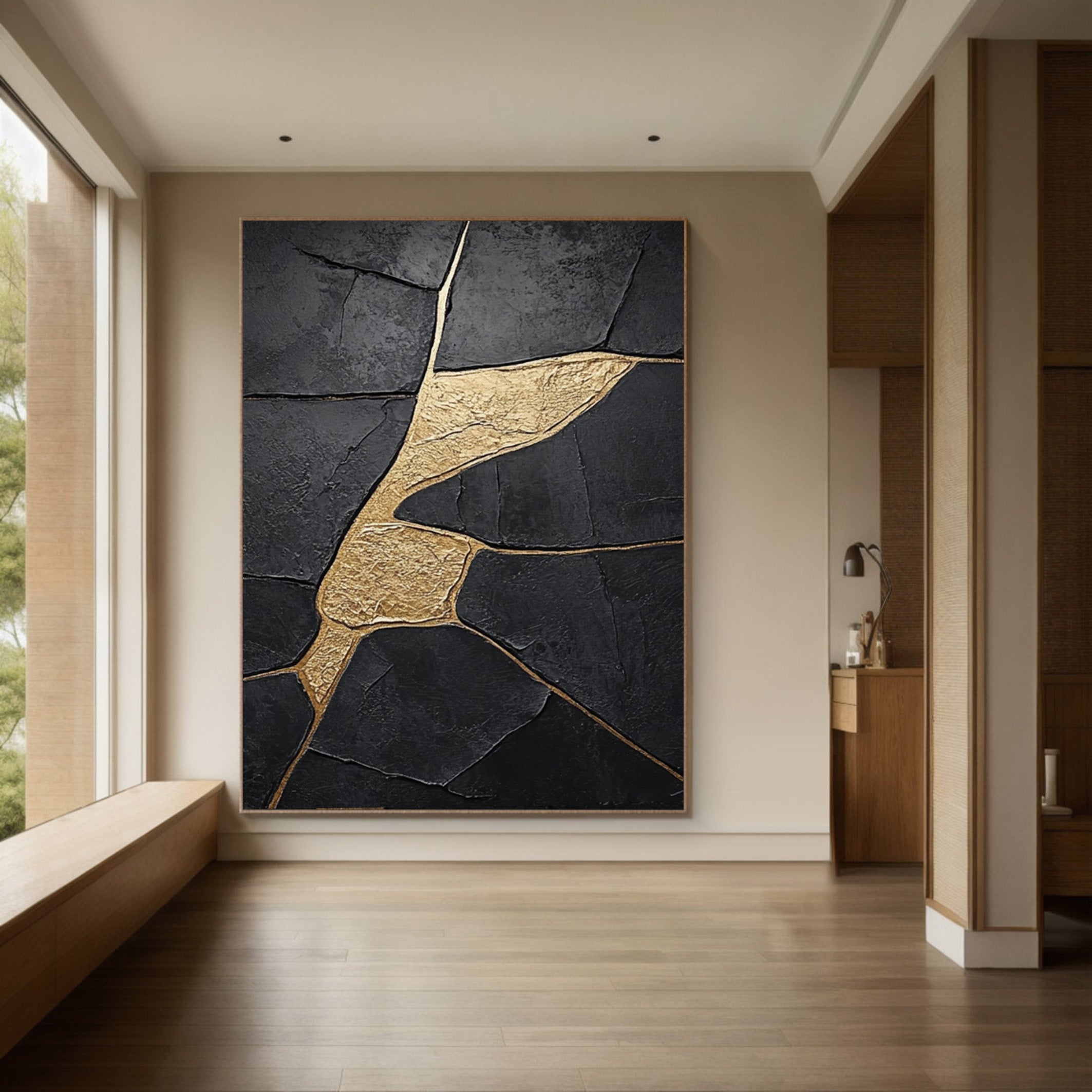 Molten Shadow:Black Impasto with Flowing Organic Gold Veins #MM554