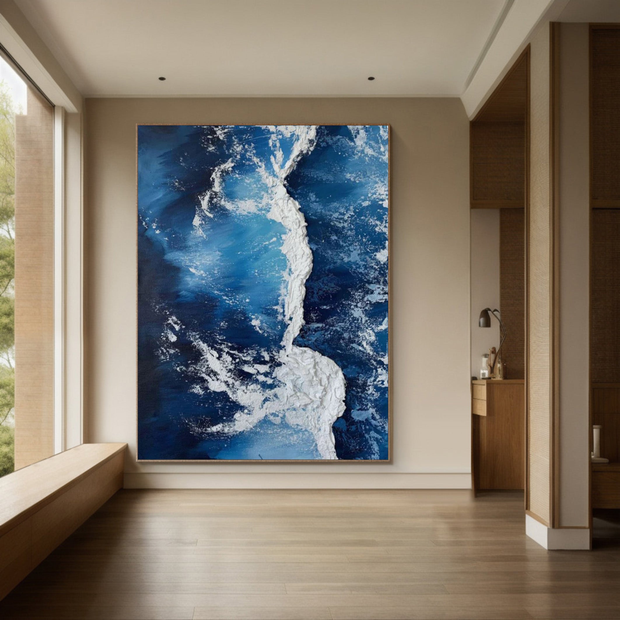 Aerial Tides: 3D Textured Ocean Waves, Blue and White Art #MM539