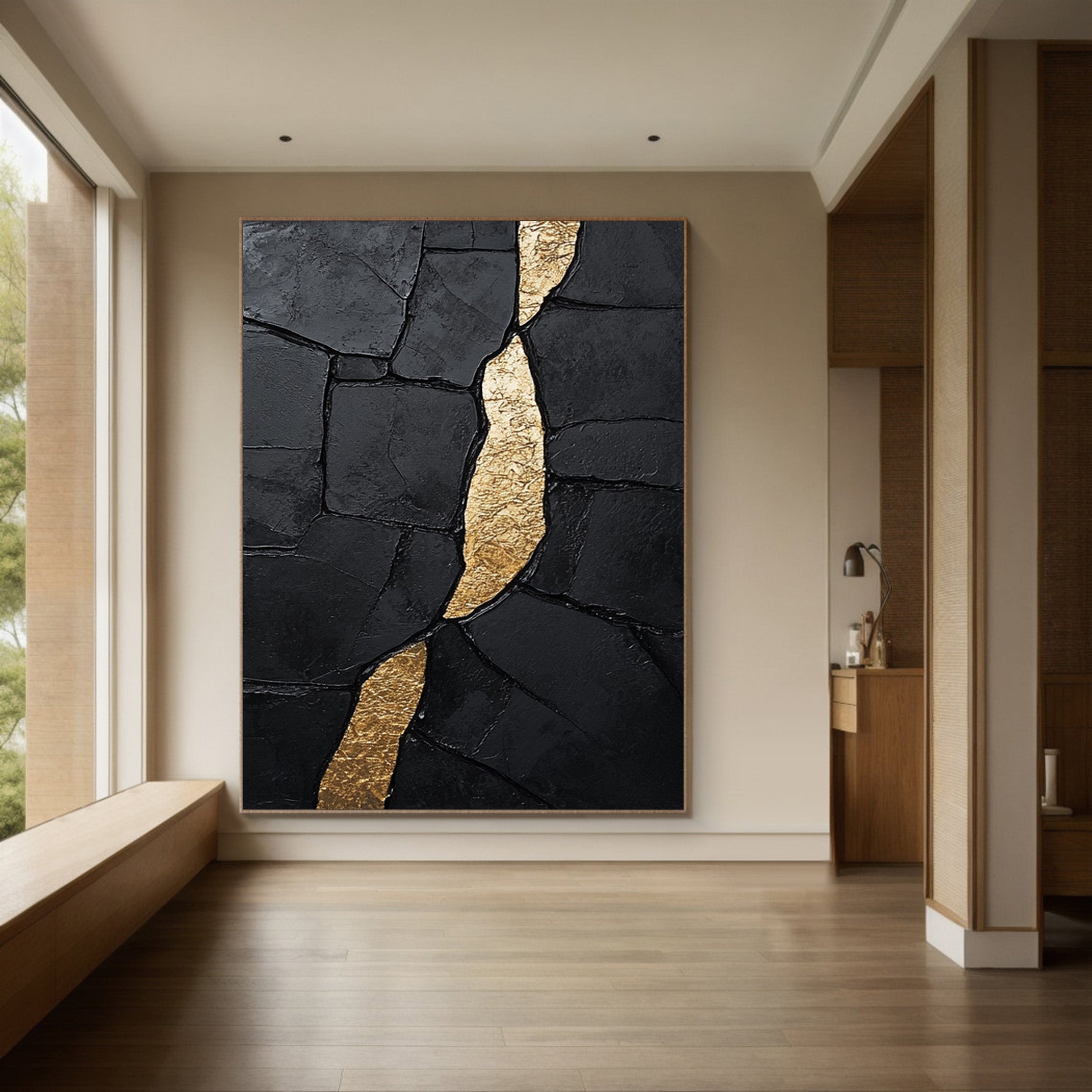 Golden Fault Line:Textured Black Abstract with Gold Cleft #MM555