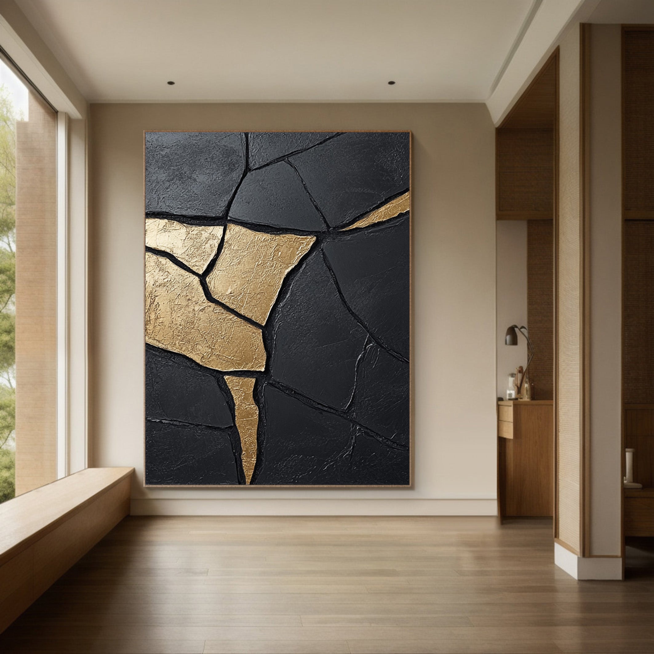 Textured Black Abstract with Organic Gold Veins for Modern Art #MM553