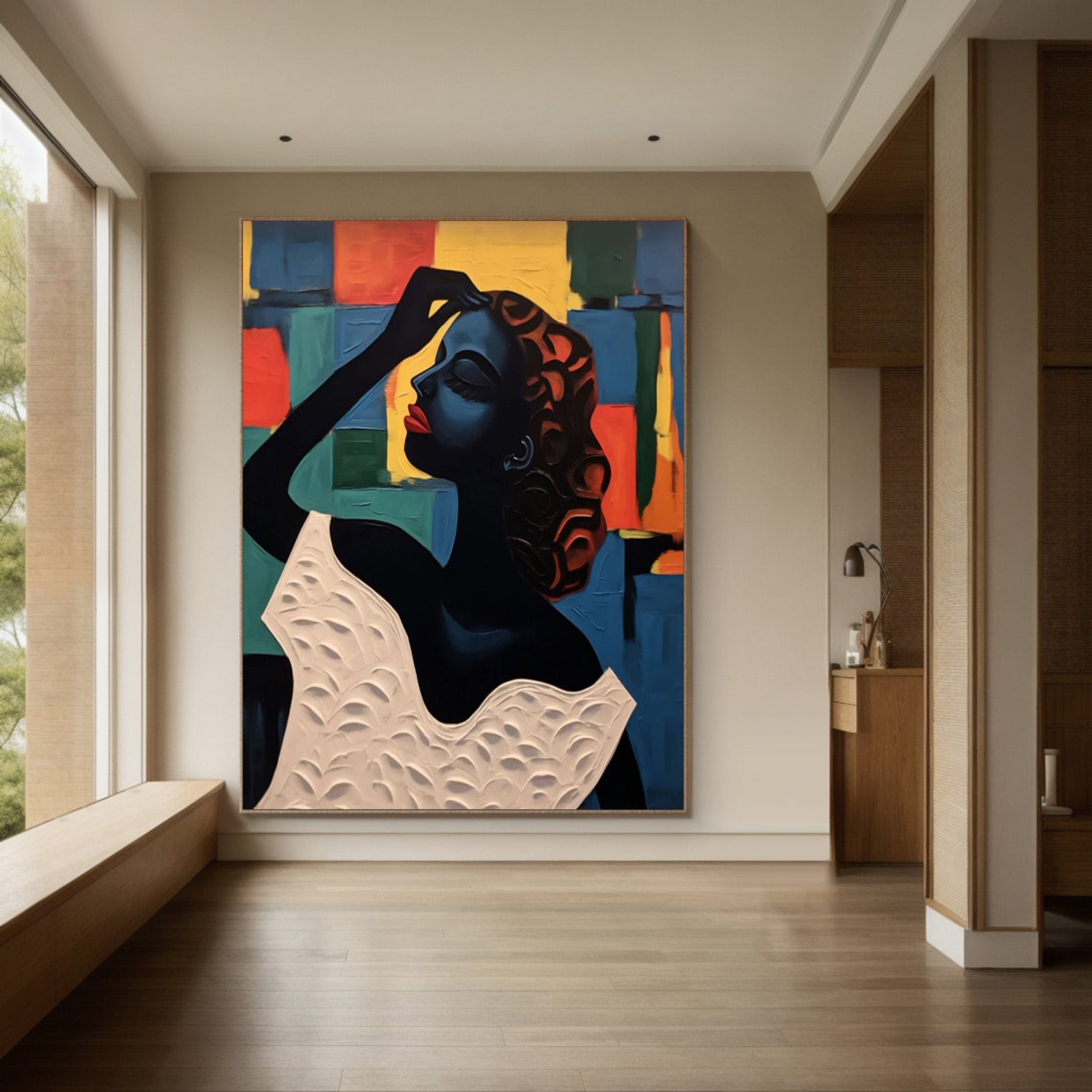 Geometric Poise: Stylized Figure Against Textured Color Shapes #MM537