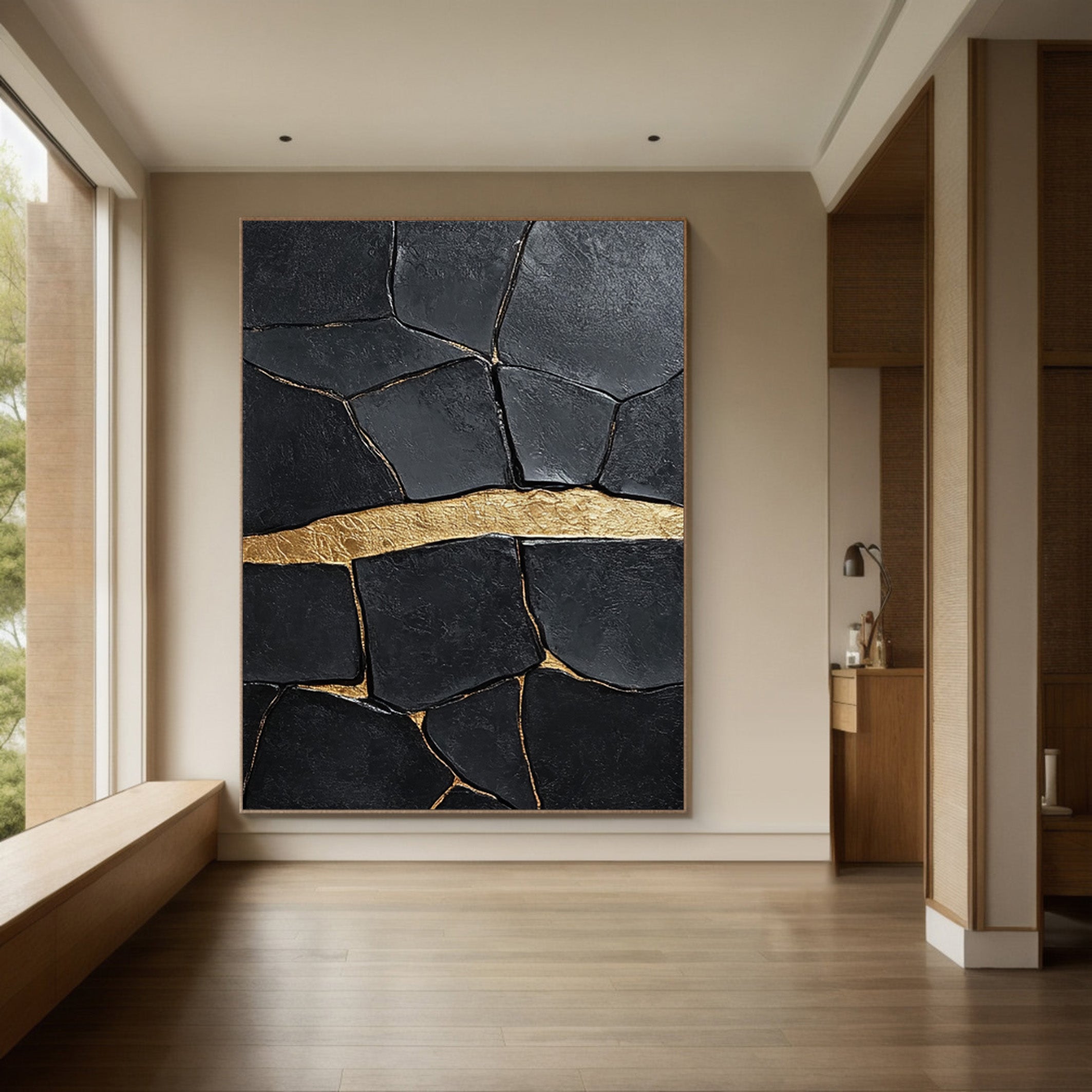 Golden Horizon:Textured Black Abstract with a Bold Gold Band #MM547