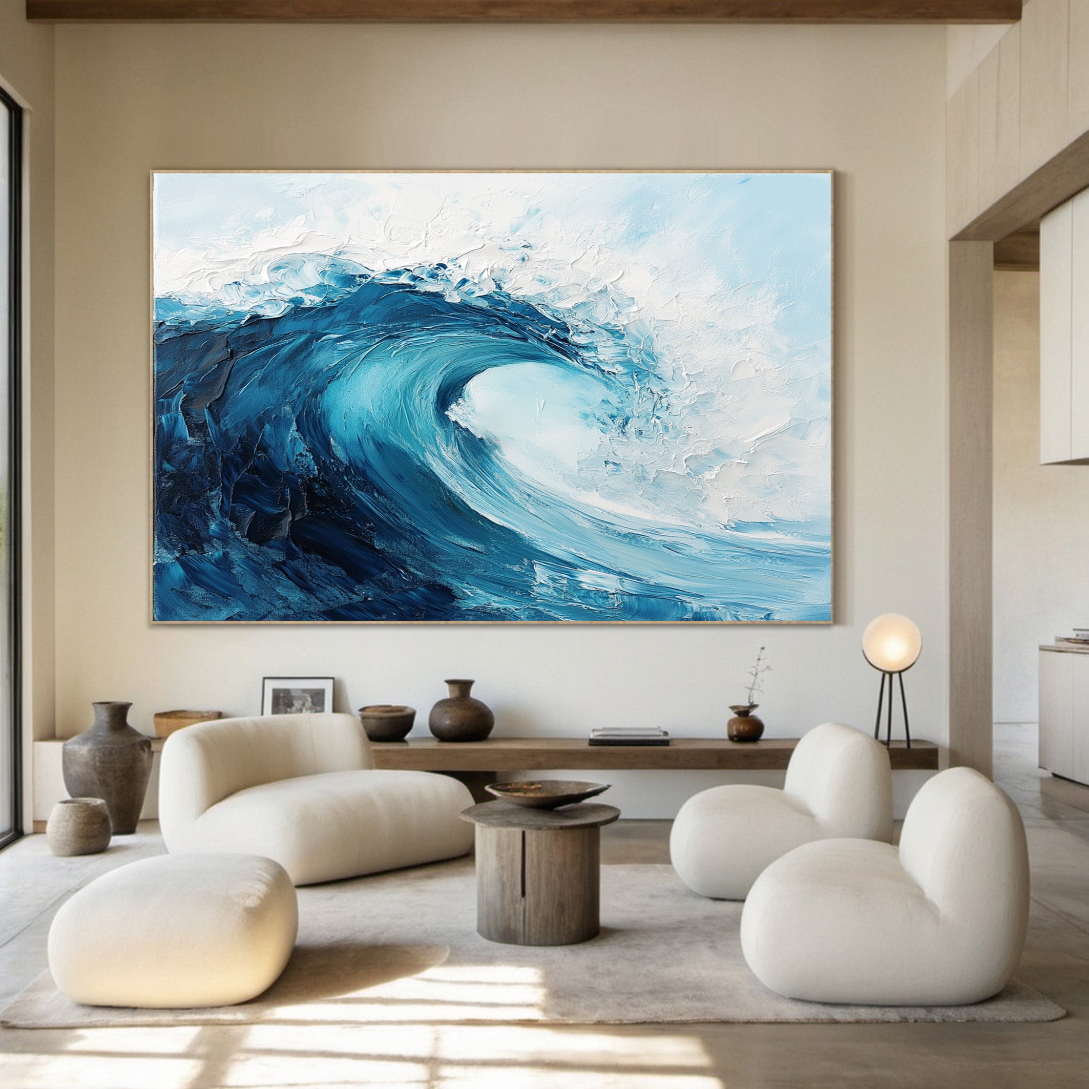 Azure Fury: Impasto Ocean Wave Painting, Energetic Seascape #MM510