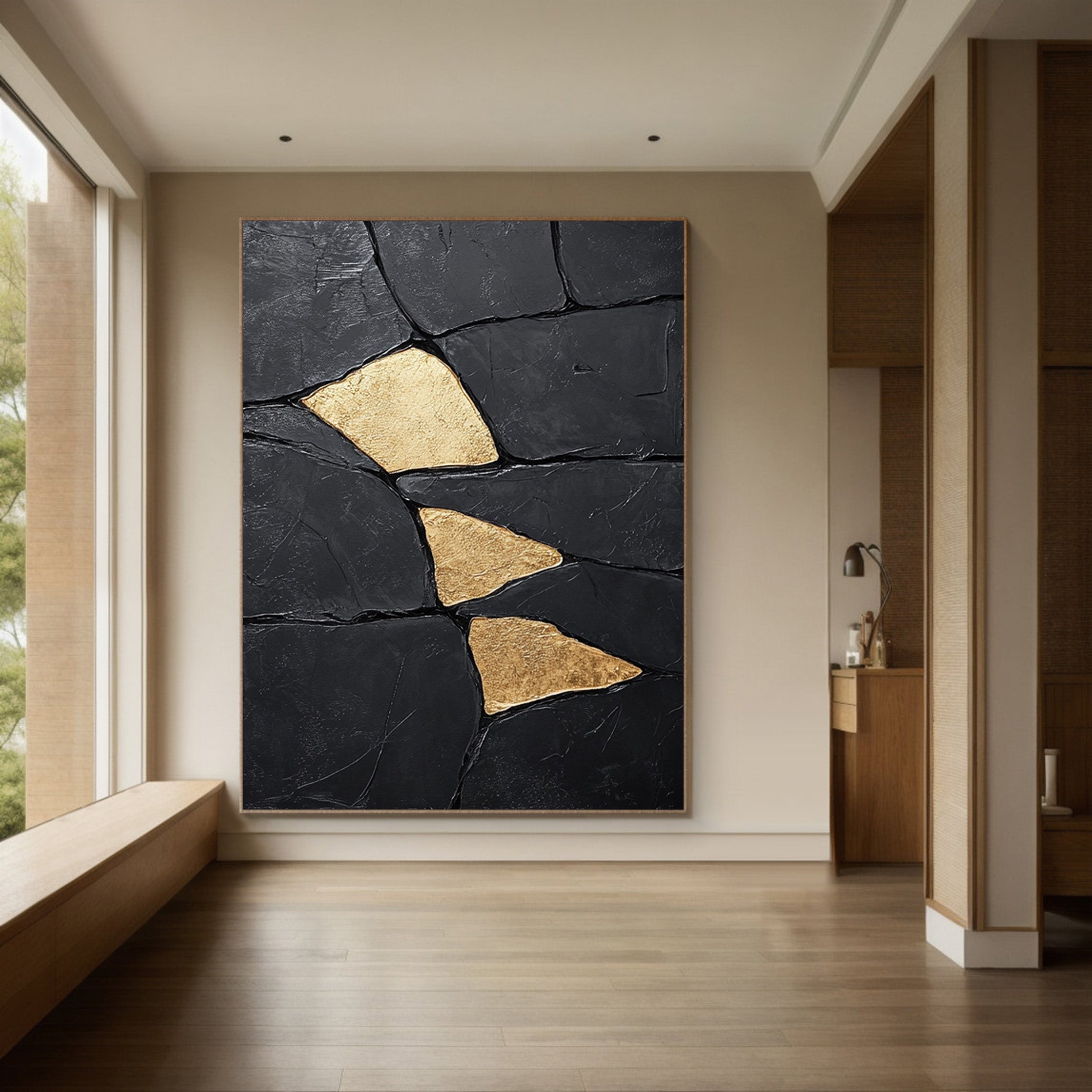 Gilded Shards: Heavily Textured Black Abstract with Gold Inlays #MM549