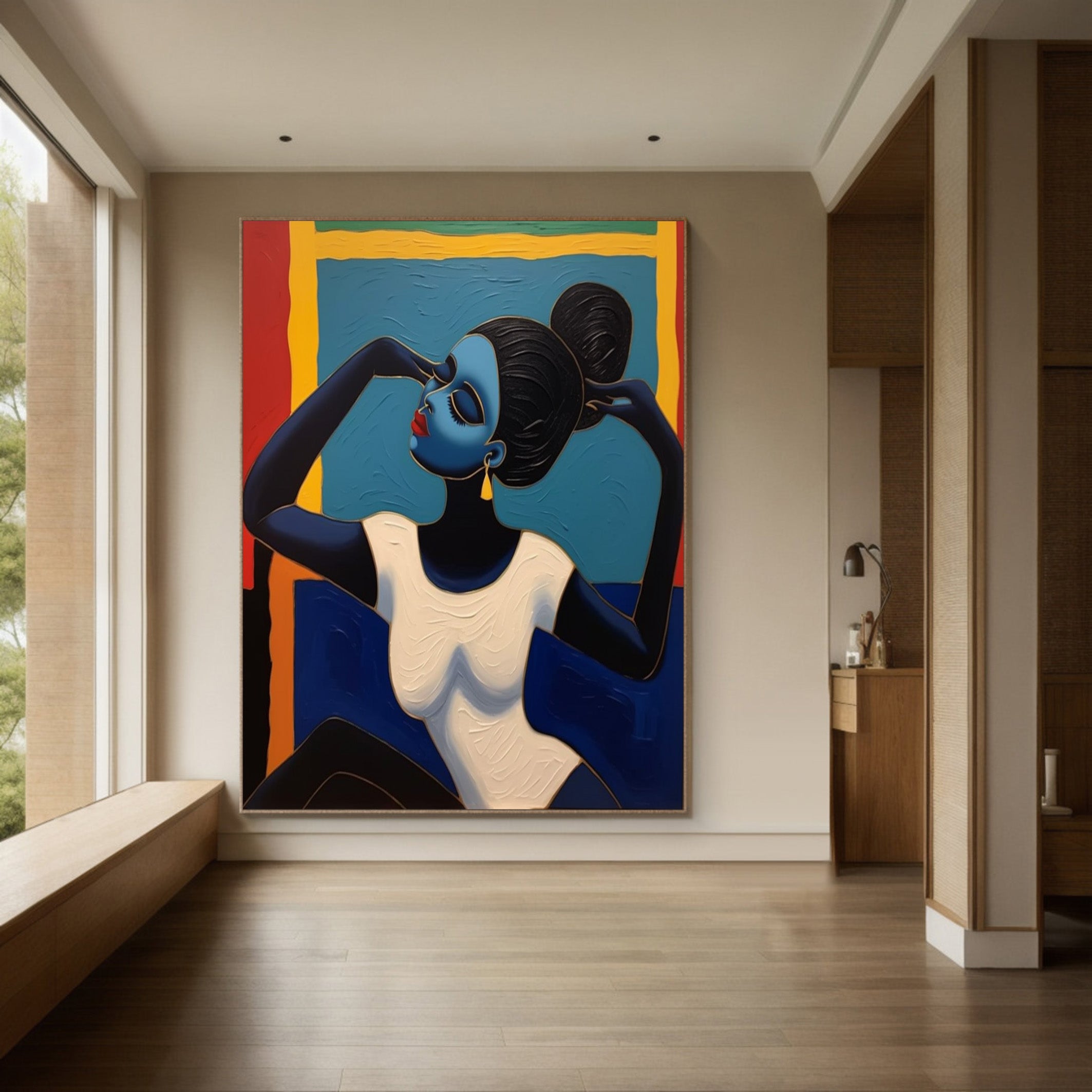 Geometric Grace: Stylized Figure Against Textured Color Shapes #MM542