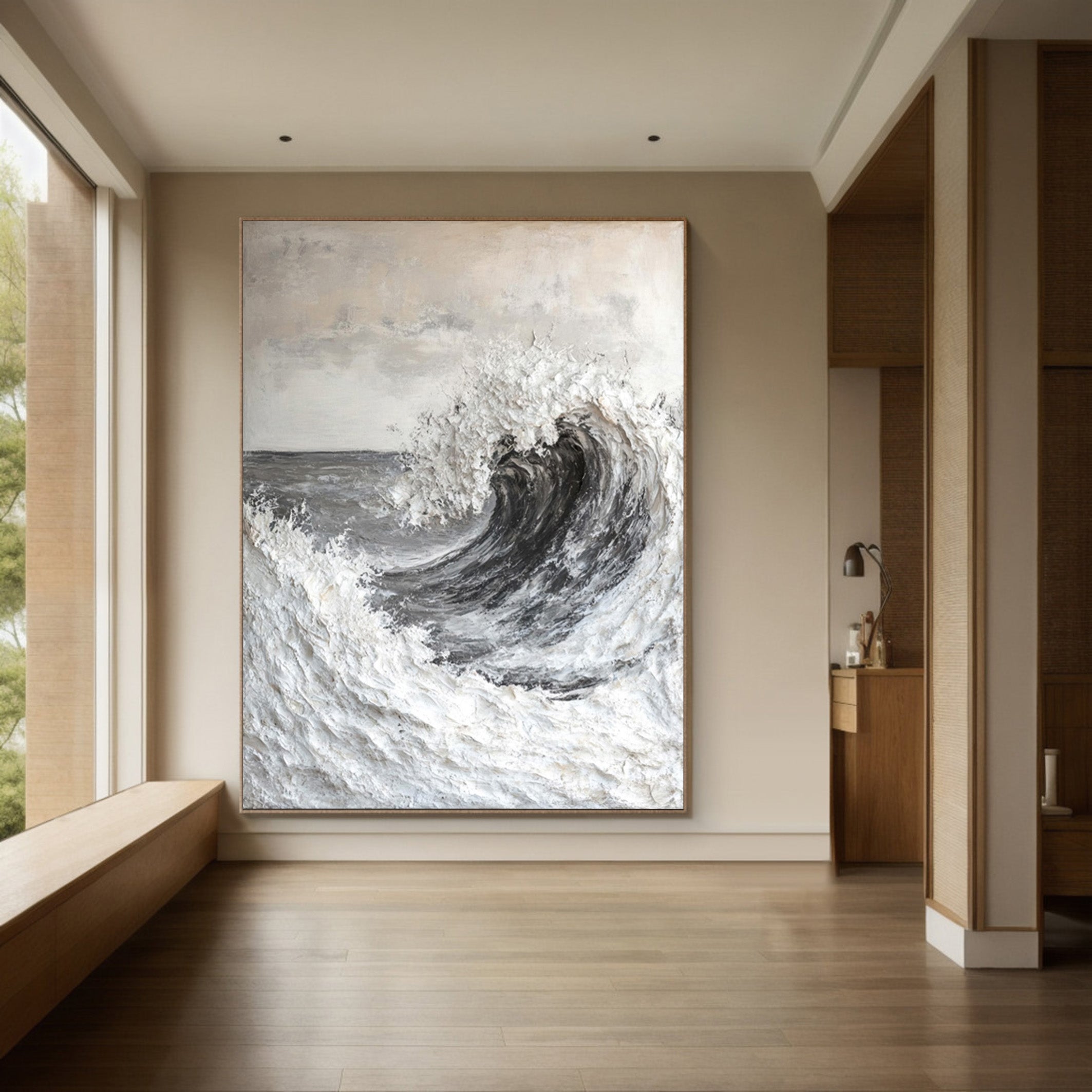 Modern Seascape Painting with Tactile Wave in Grays and Whites #MM565