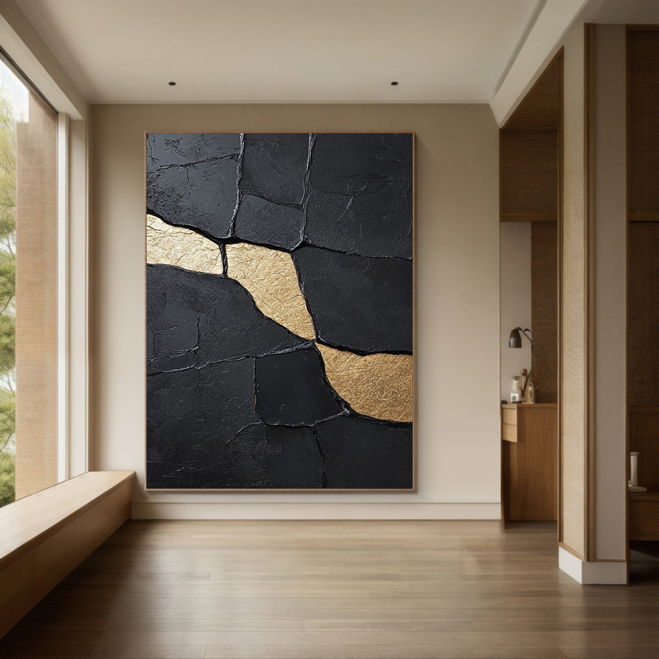 Gilded Flow:Textured Black Abstract with Organic Gold Inlays #MM551