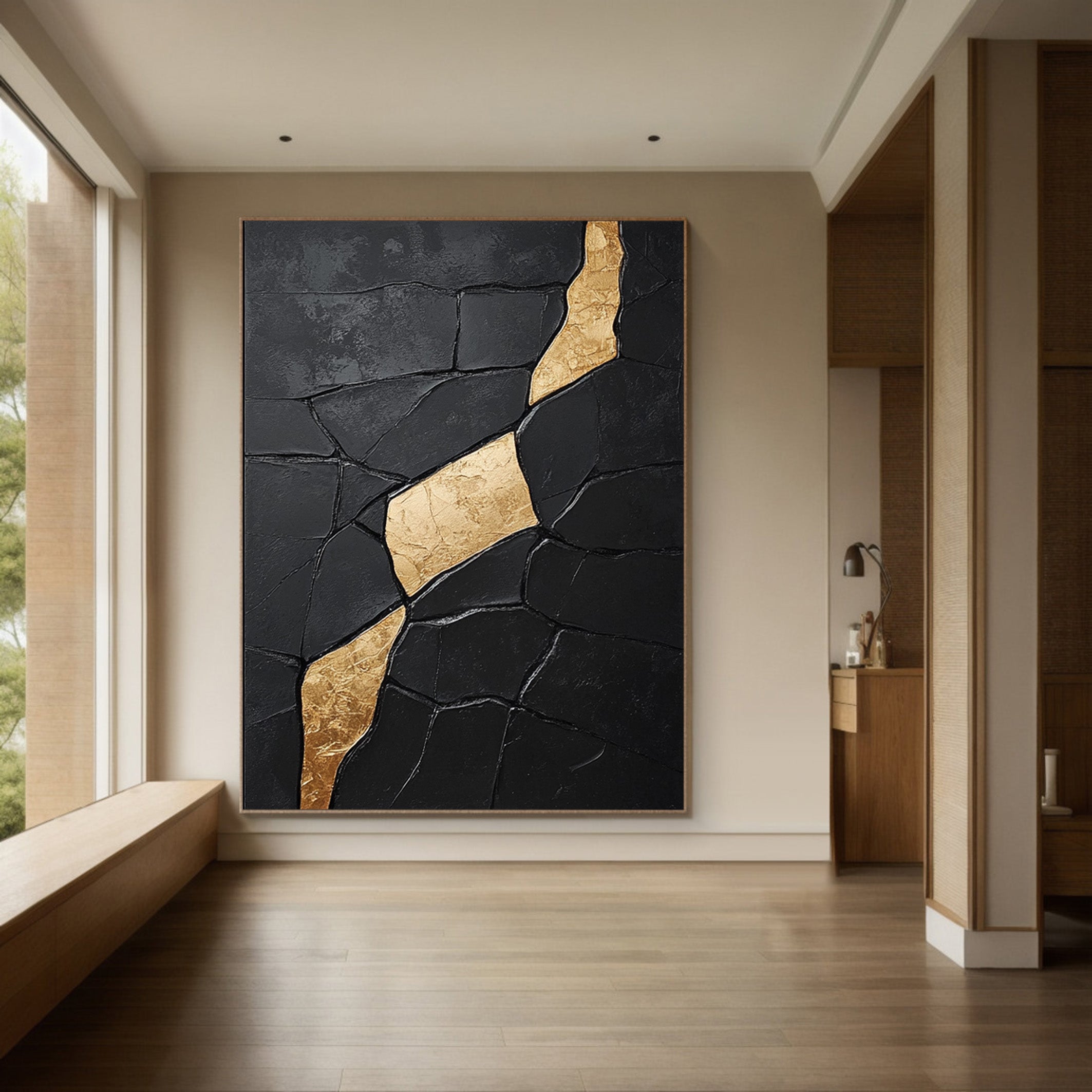 Gilded Incline: Textured Black Abstract with Diagonal Gold Vein #MM556