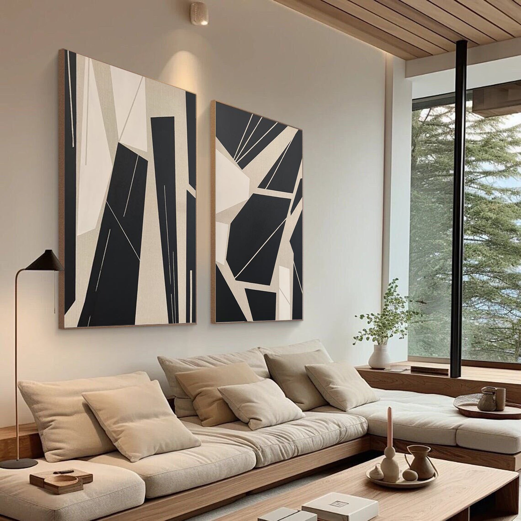لوحة فنية جدارية هندسية معاصرة باللونين الأسود والبيج #MMS047