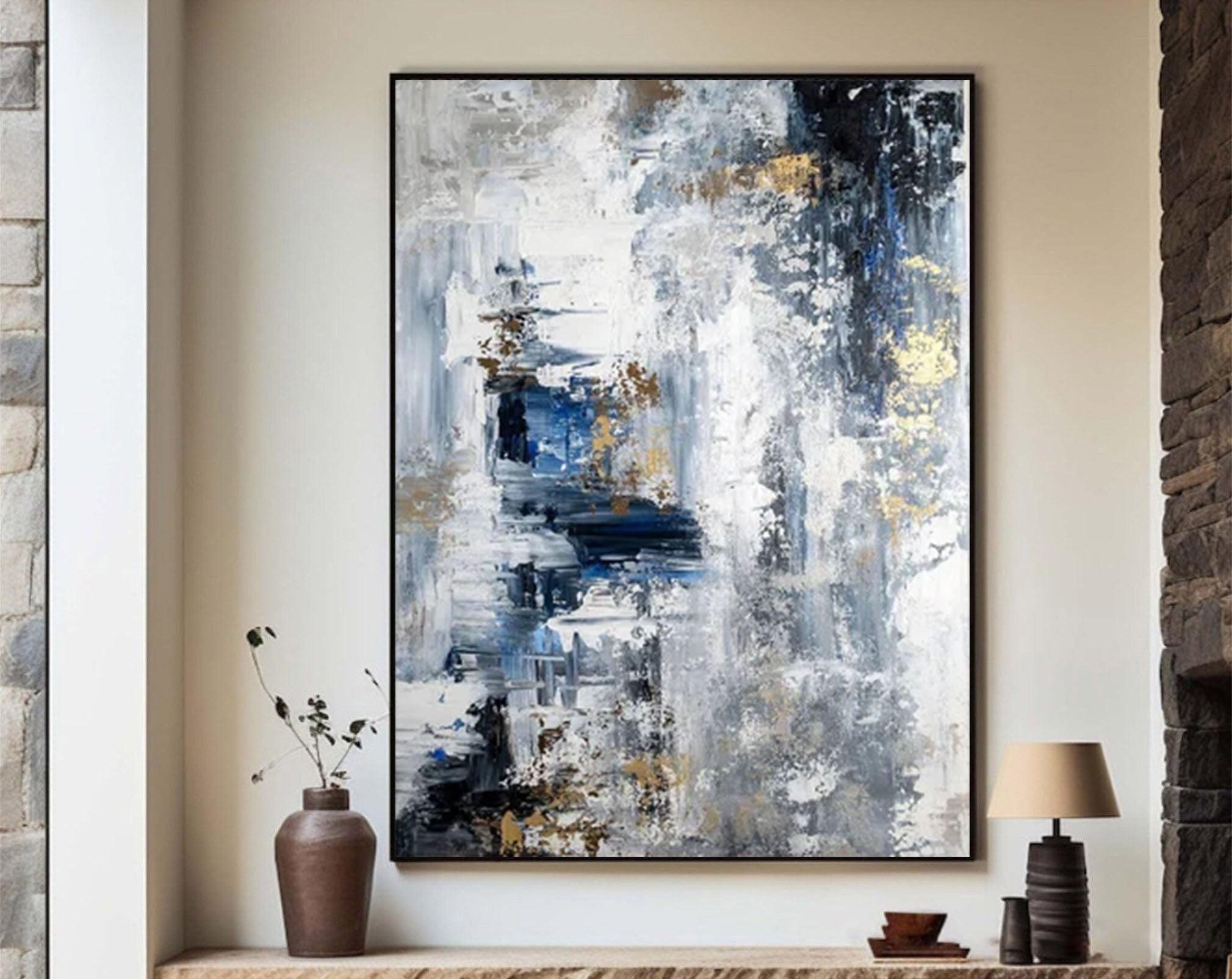 Blue & White Abstract Painting for Contemporary Walls #AB062