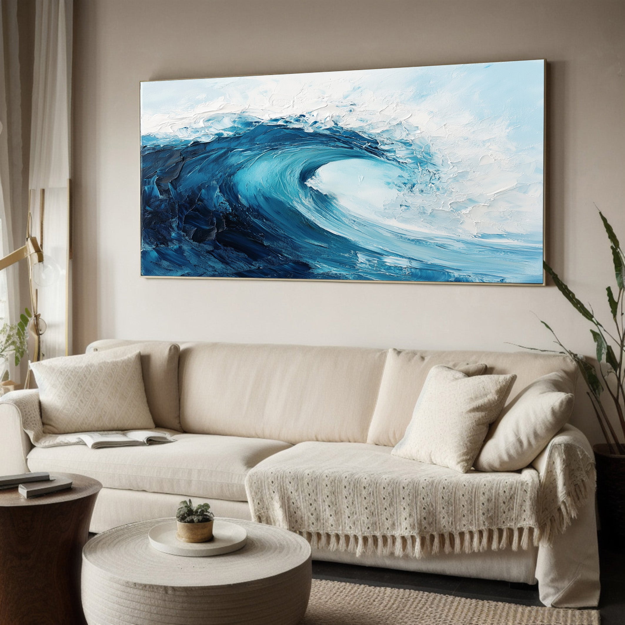 Azure Fury: Impasto Ocean Wave Painting, Energetic Seascape #MM510