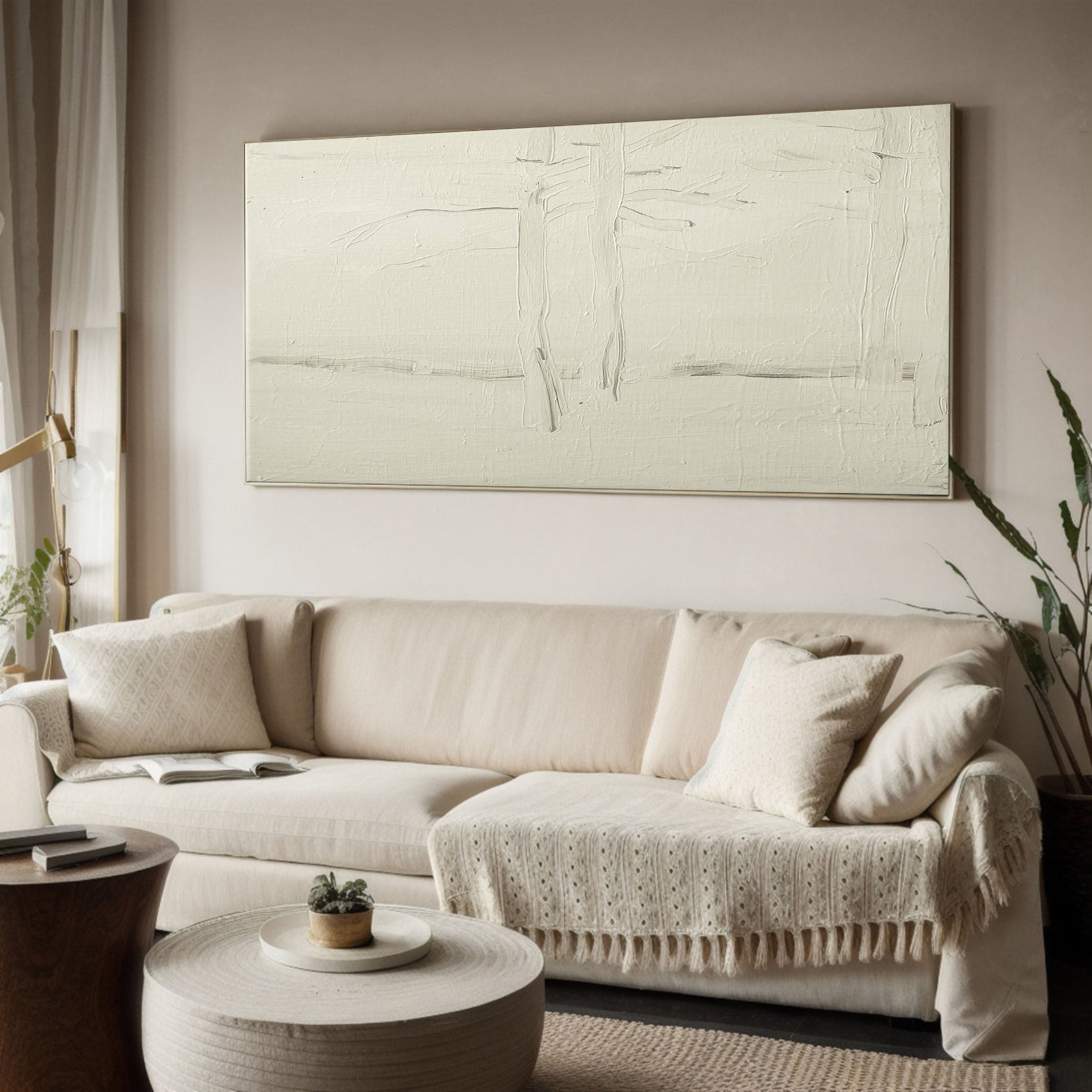 White Textured Minimalist with Linear Forms, Impasto Canvas #MM368
