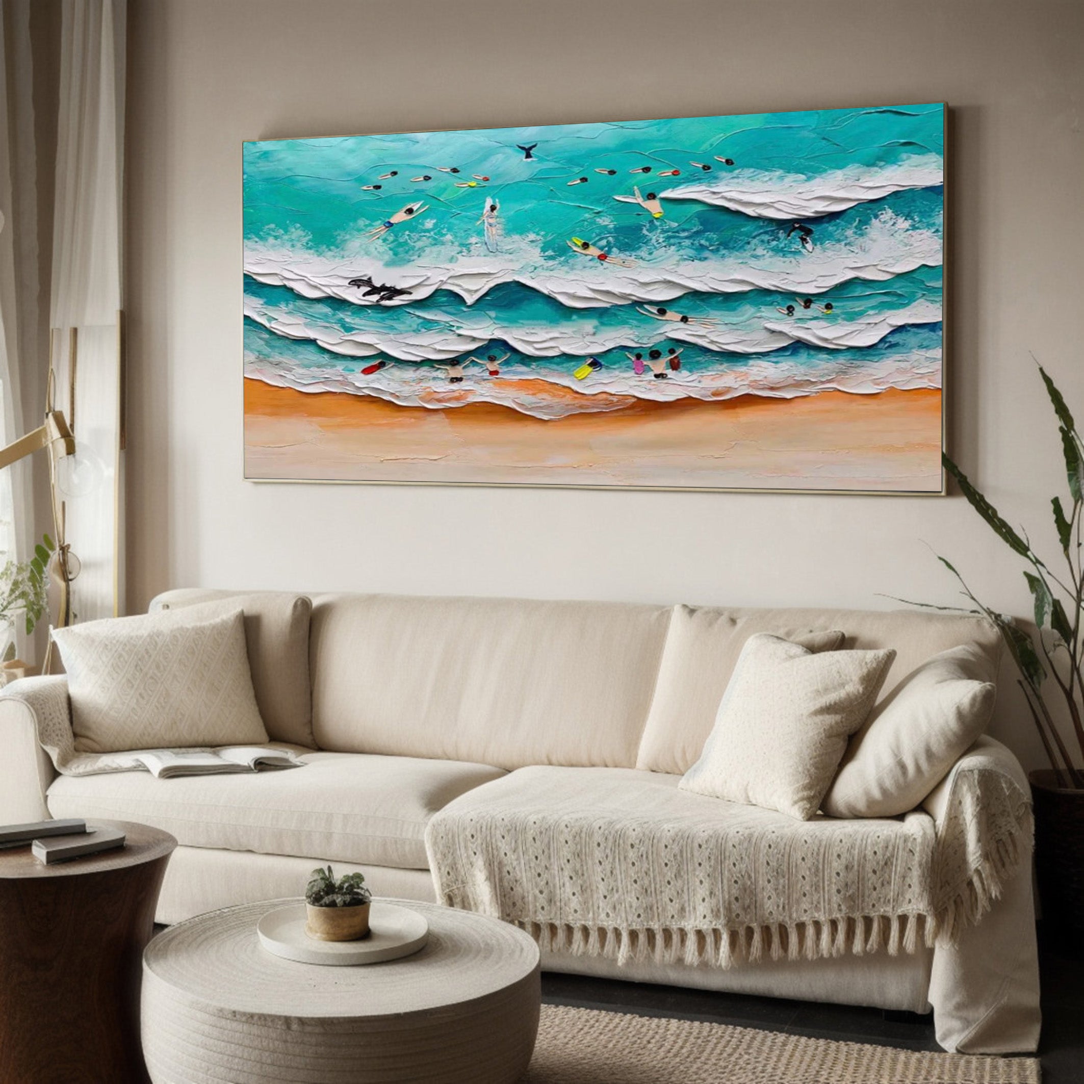 Coastal Thrills: Vibrant Textured Surfer Wall Painting #MM515